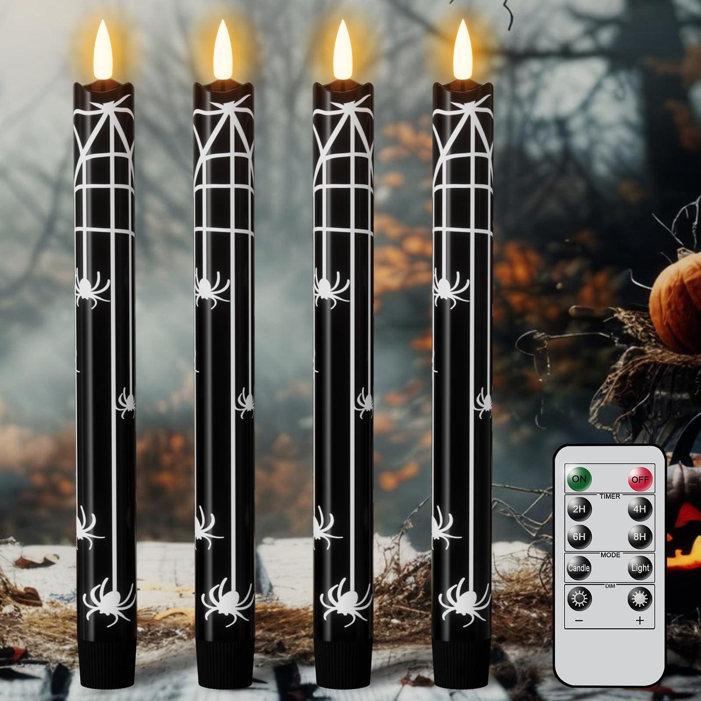 Eldnacele Halloween Flameless Flickering Taper Candles with Remote and Timer, Battery Operated Spider Web Decal Real Wax Black LED Window Candles Set of 4 Table Centerpiece Horror Halloween Decor