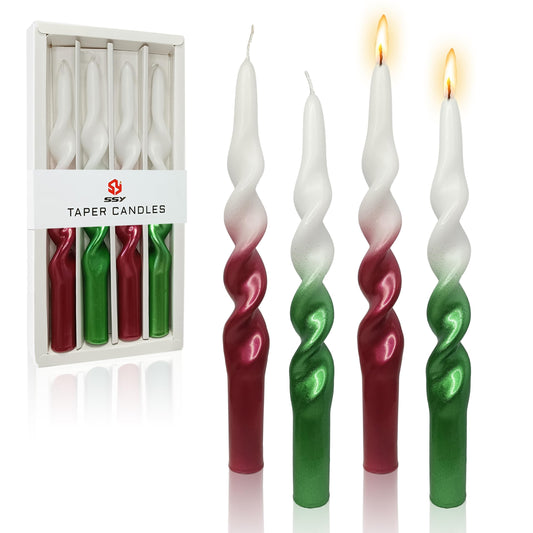 FCMSHAMD Handmade Christmas Spiral Taper Candles - Unscented Long Candles Colored Wax Twisted Candle - 10 Inch Candle Sticks for Christmas Decoration - Set of 4(Gradient Metallic Red Green)