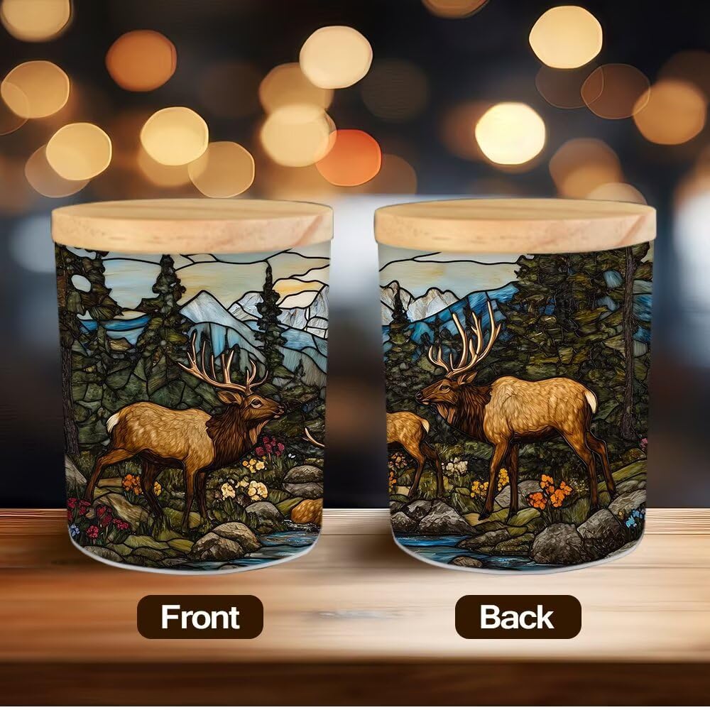 Stained Glass Elks Tea Light Candle Holders, Deer Tealight Candle Holder Jar with Wooden Lid, Pine Tree Votive Candlesticks for Table Centerpieces, Christmas,Birthday Party,Home Decor