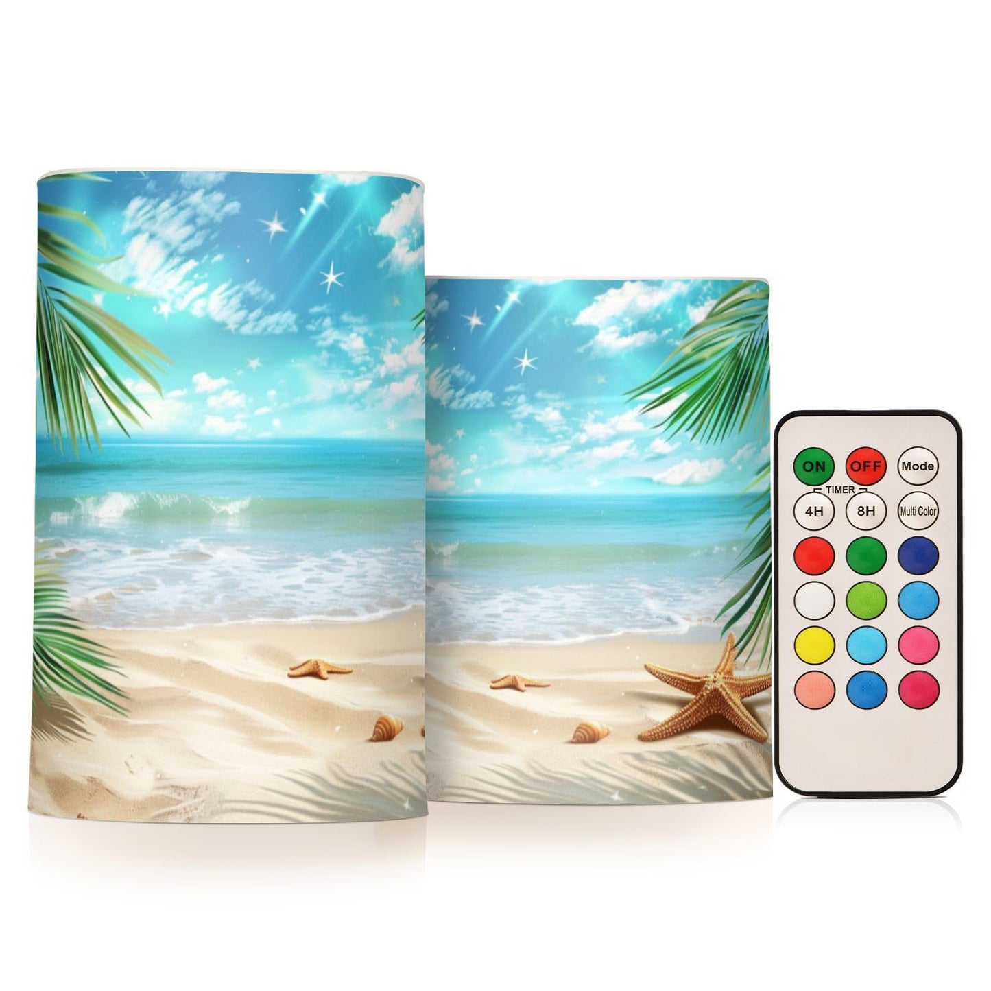 BOENLE Flickering Flameless Candles, Palm Leaves Starfish Beach LED Candles with Remote Timer, Set of 2 Battery Operated Candle for Valentine Wedding Birthday