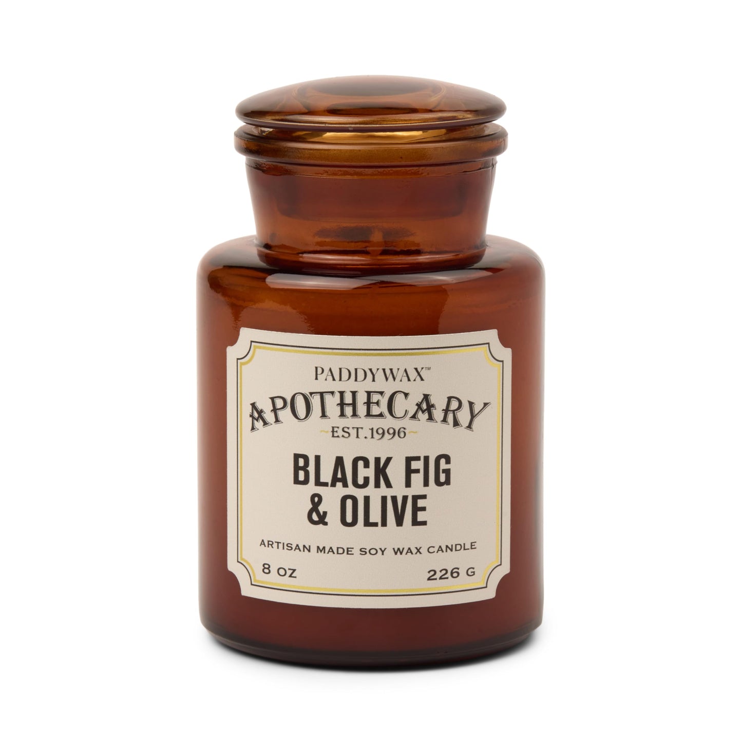 Paddywax Artisan Apothecary Scented Candle with Lid in Reusable Glass Jar, Clean-Burn Soy Candle with Approx. 54 Hour Burn Time, Black Fig & Olive, 8 oz