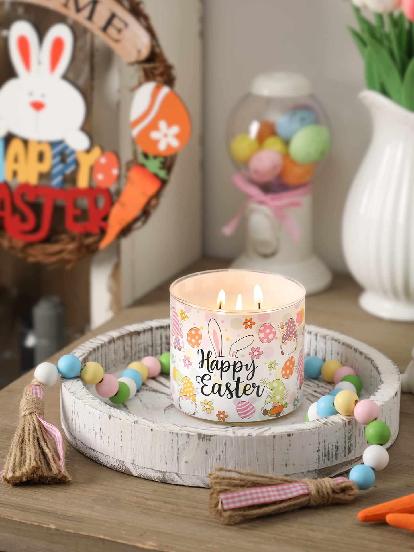 Easter Bunny Candles, Happy Easter Jasmine Scented Candle, 14 oz, 3 Wick Large Jar, Spring Bunny Candle Gifts for Women Men