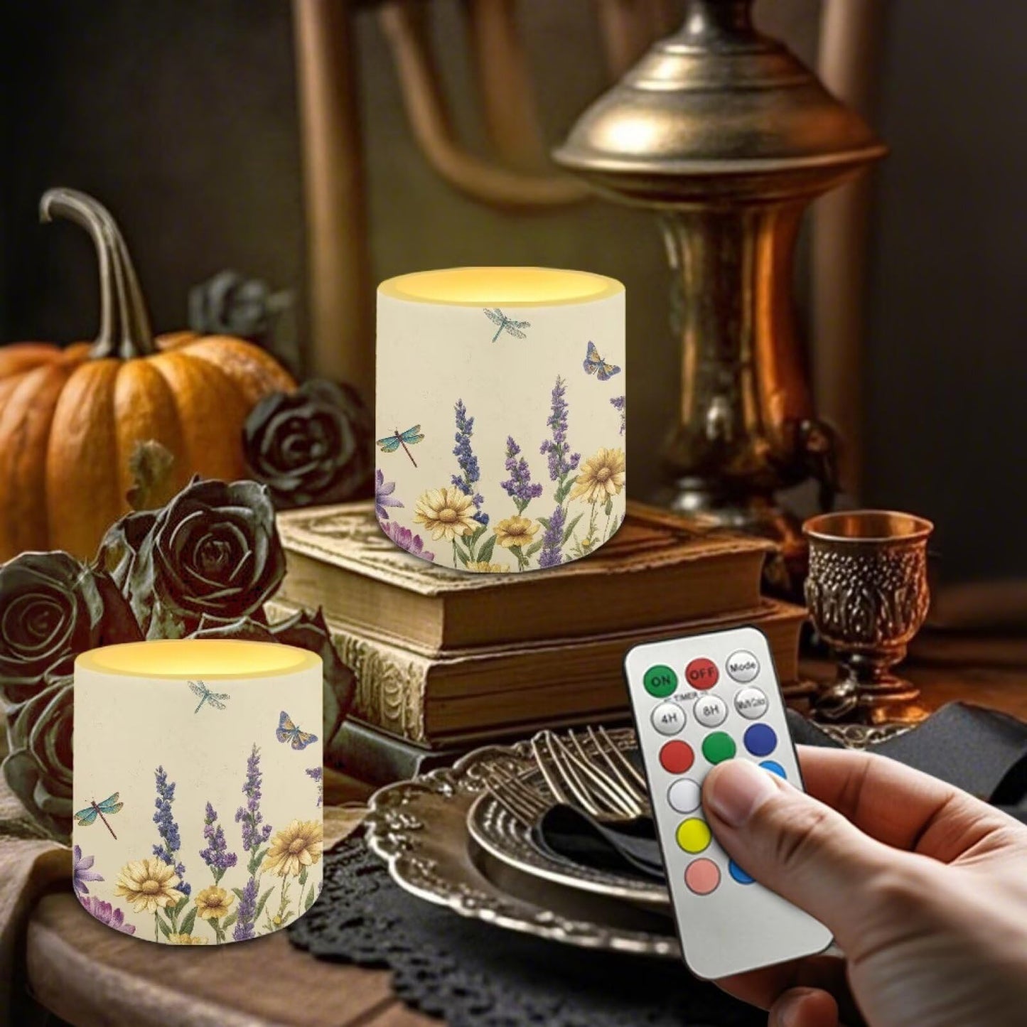 Cozeyat Lavender Dragonfly Advanced LED Flickering Candles Set of 4 Battery Operated Flameless with Remote Timer Waterproof for Indoor Outdoor Table Long Lasting