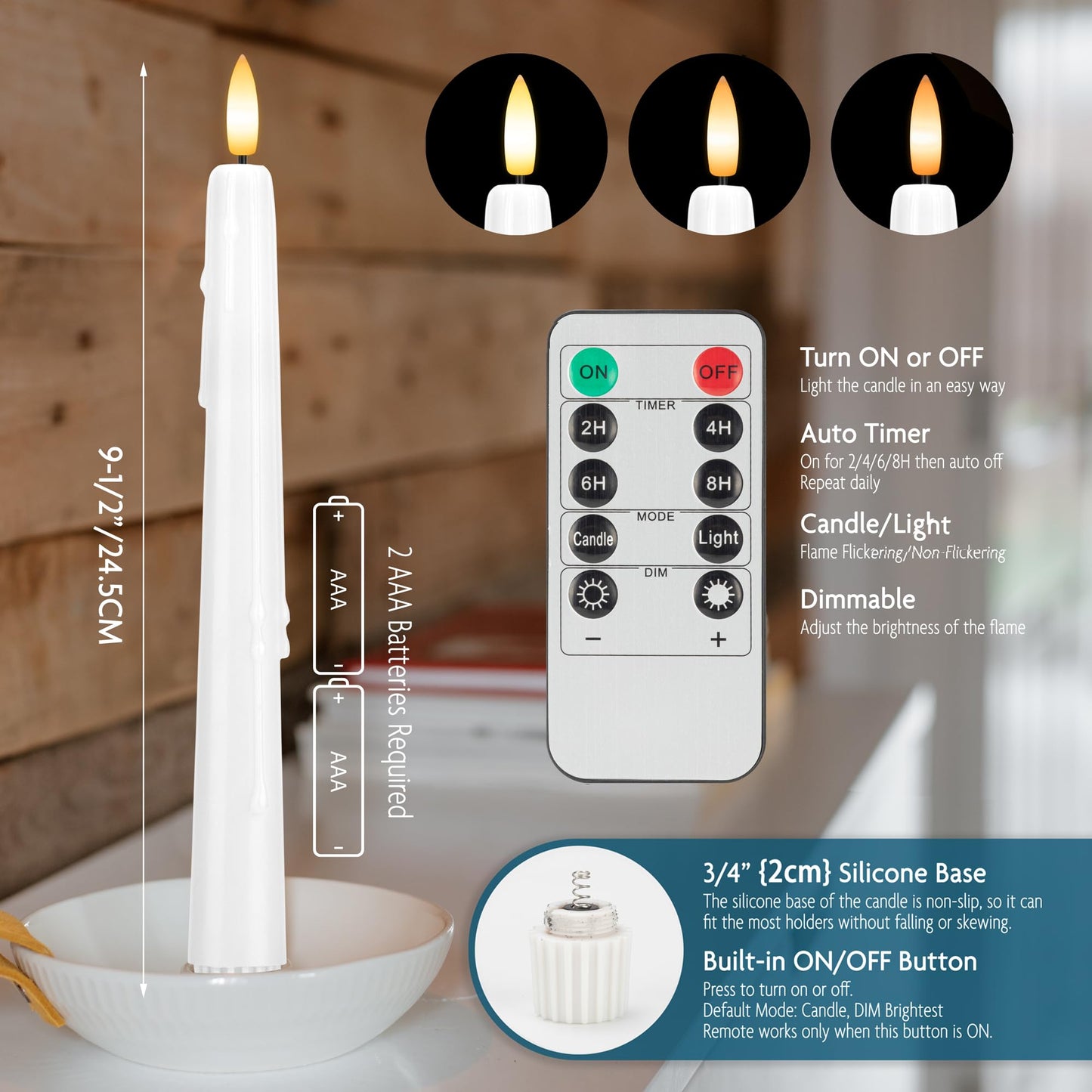 SEHNSY Dripless Flameless Taper Candles with Remote, Real Wax Battery Operated LED Candles Set with 3D Flickering Flame, 3Pcs White 9.6" Realistic Candlesticks as Mothers Day Gifts, Gifts for Mom
