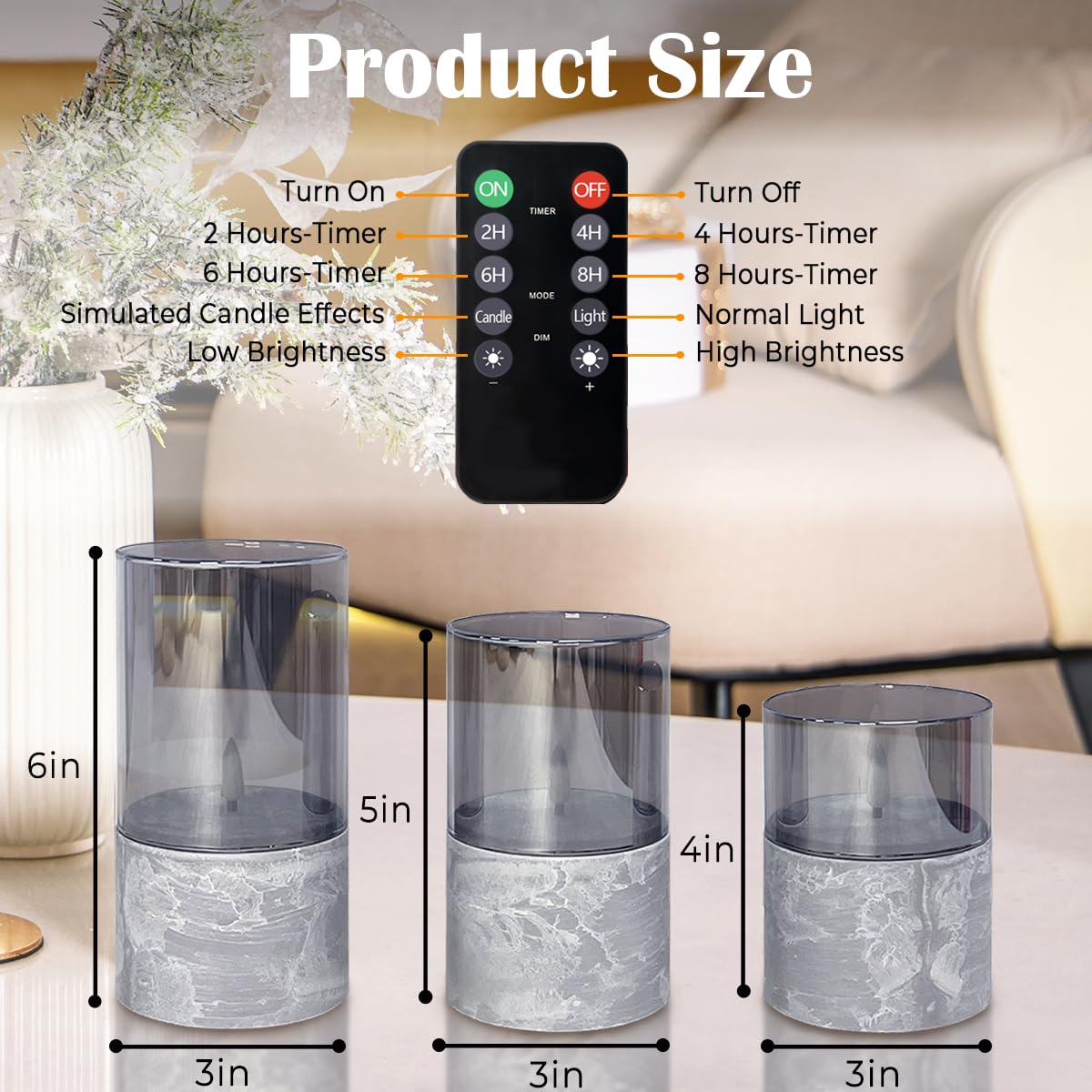 LEDHOLYT Rechargeable Marble Flameless Candles, Gray Glass LED Pillar Candle with Remote & Timer,Decorative Candles for Living Room, Bedroom, Holiday Décor & Gifts for Women,Set of 3