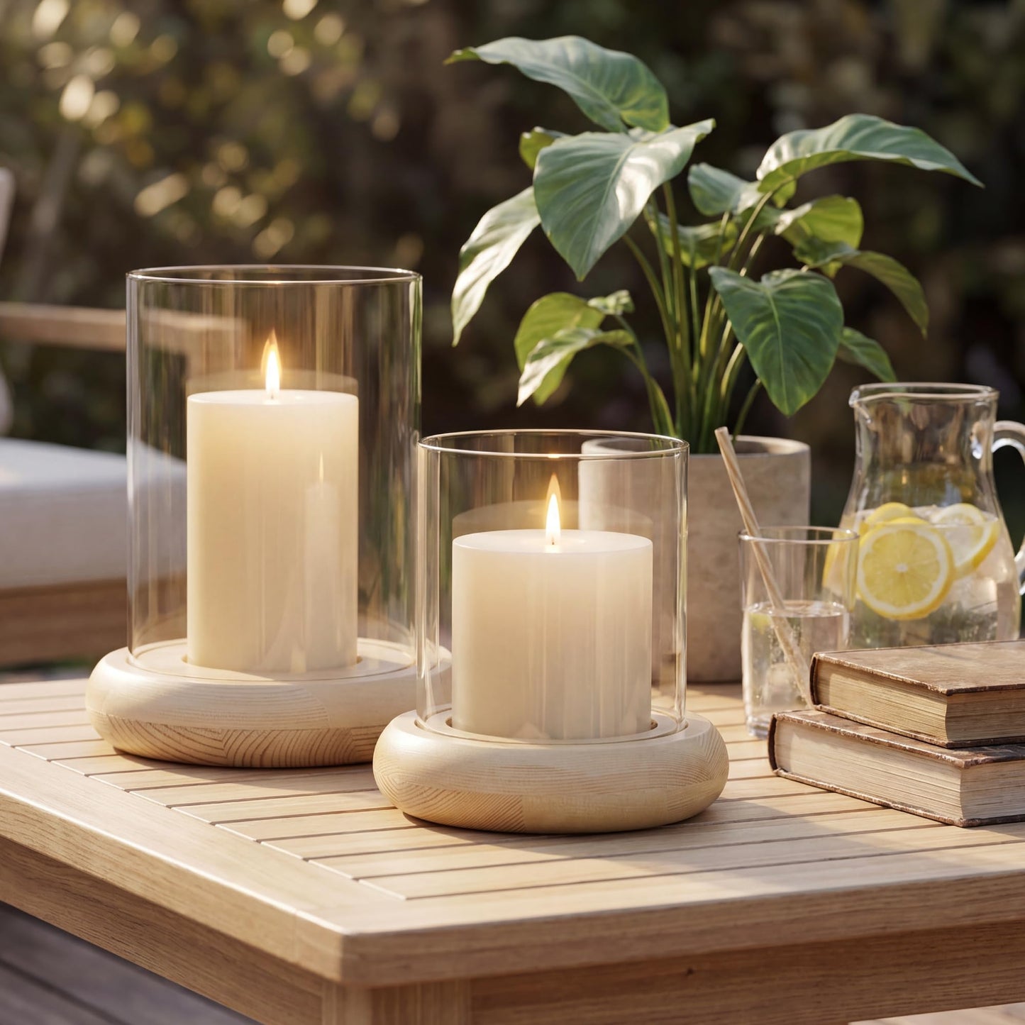 Set of 2 Hurricane Glass Candle Holders with Natural Brown Wood Base Decorative Candle Lantern, Farmhouse Rustic Boho Table Centerpieces Decor for Living Room, Outdoor Home Decor