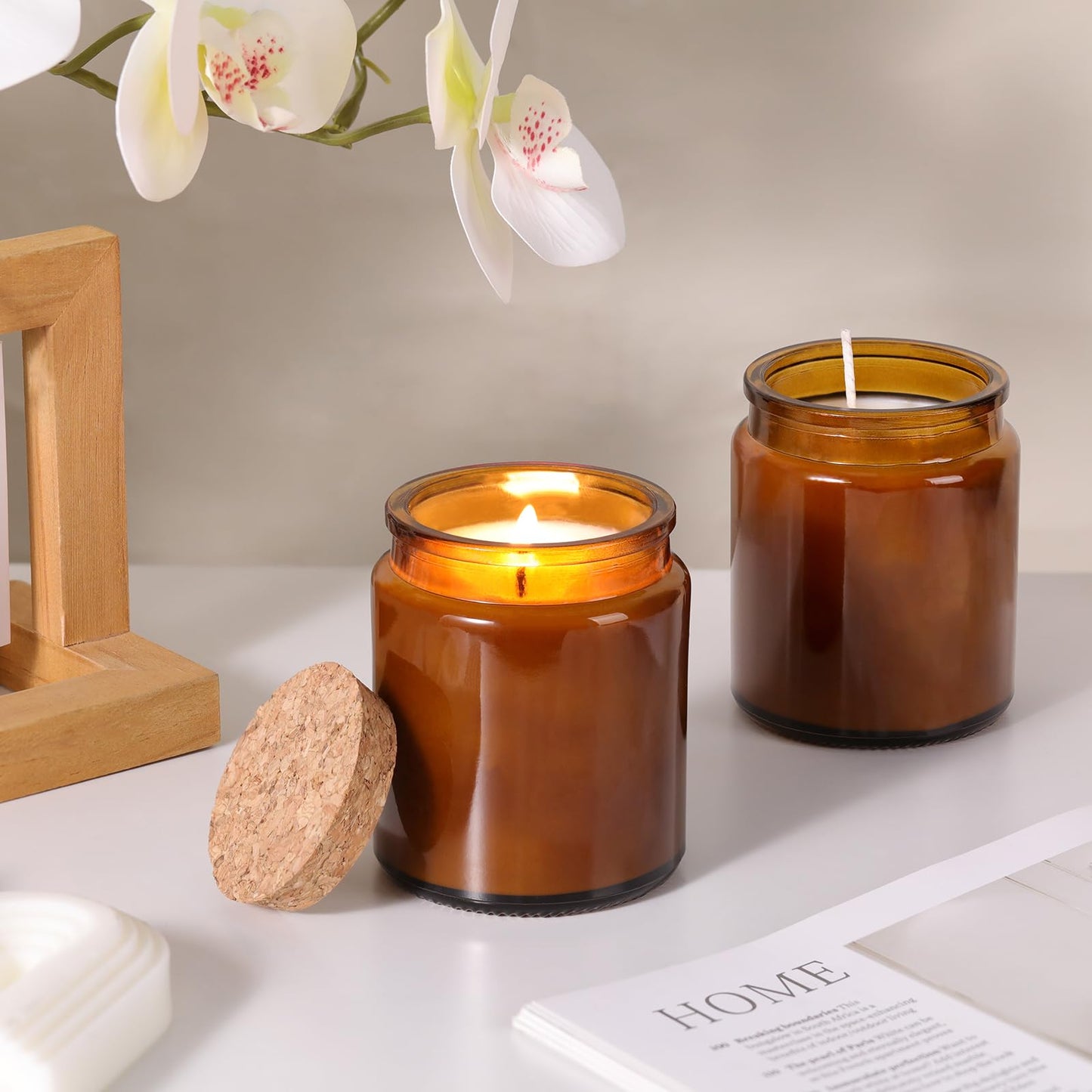 Lanttu 12 Pack Amber Candle Jars for Making Candles, 7.5oz Glass Jars with Wooden Lids and Labels, Candle Making Supplies Candle Containers for Home DIY, Gifts, Table Decor