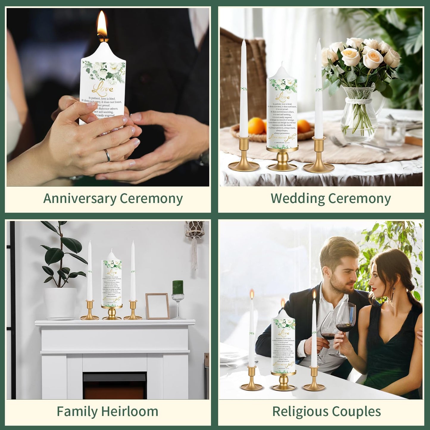 3 Unity Floral Candles for Wedding Ceremony Set with Gold Candle Holders, Bible Wedding Unity Set – Elegant Gift for Bride, Groom, Religious or Catholic Weddings