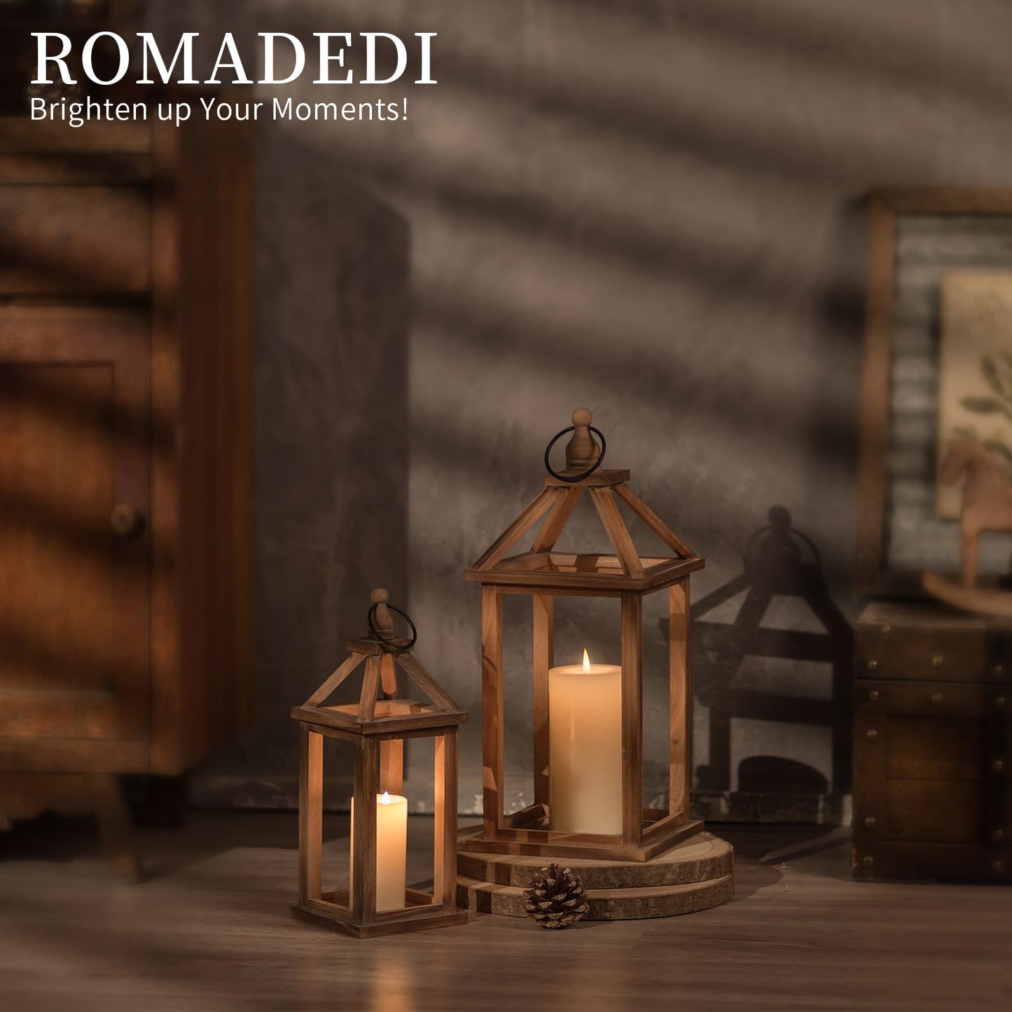 Romadedi Farmhouse Wood Candle Lantern - 12" / 16" Set of 2 Rustic Wooden Lanterns Decorative Candle Holder Home Decor Wedding Table Centerpiece Indoor Outdoor Fireplace Decorations, Brown