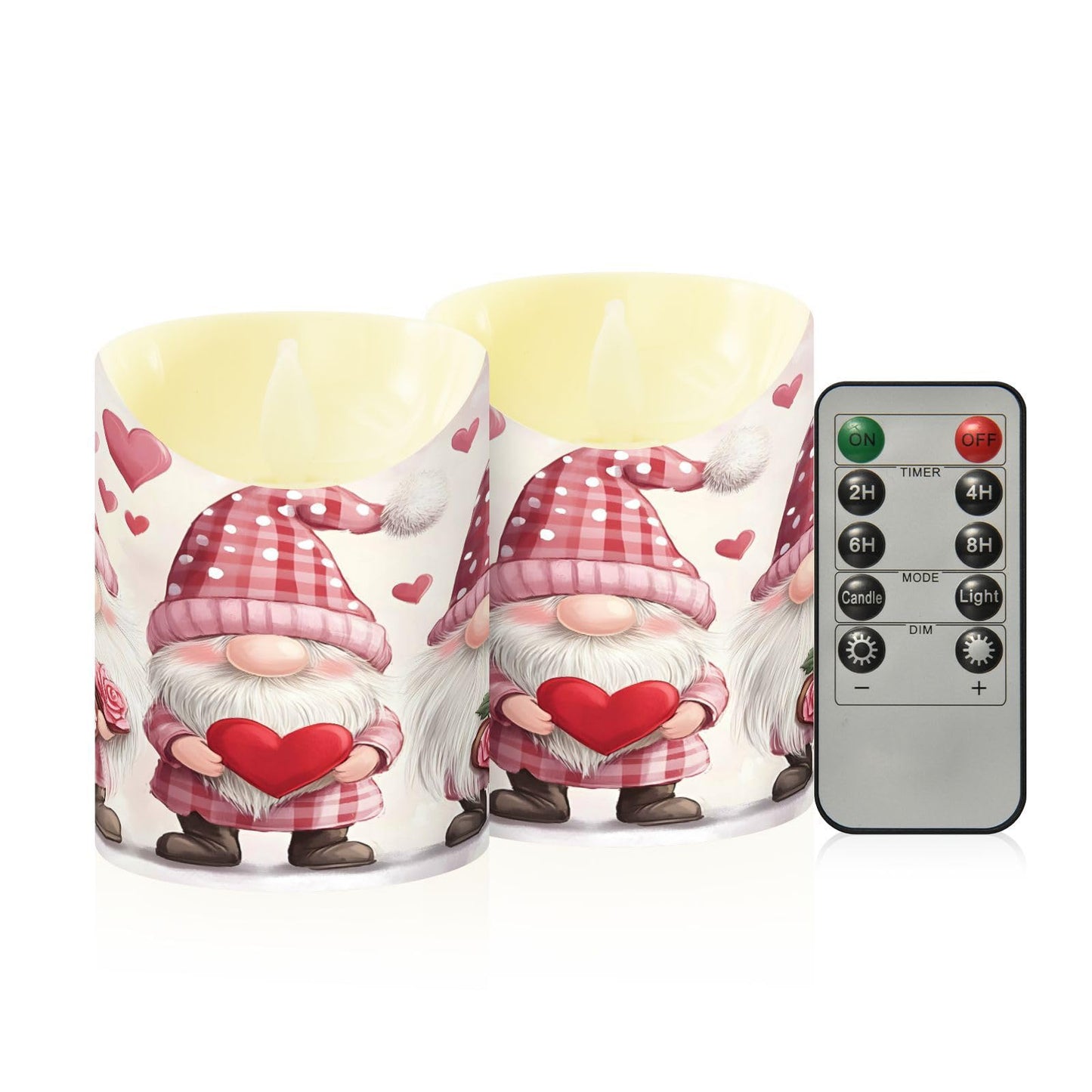 Valentines Day Gnome Pink Rose Flowers Hearts Flameless Candles with Remote Timer,LED Flickering Battery Operated Electric Pillar Tea Light Candles for Wedding Table Christmas Decorations 3" x3.9"