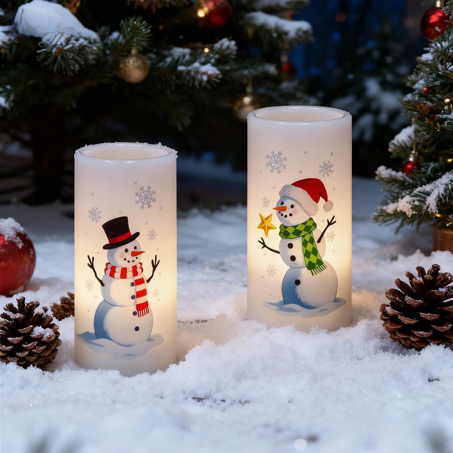 Eldnacele Christmas Snowman Flameless Candles Battery Operated with Remote and Timer Real Wax Flickering LED Pillar Candles Xmas Holiday Indoor Decor(2 Pack, 3" D x 6" H)