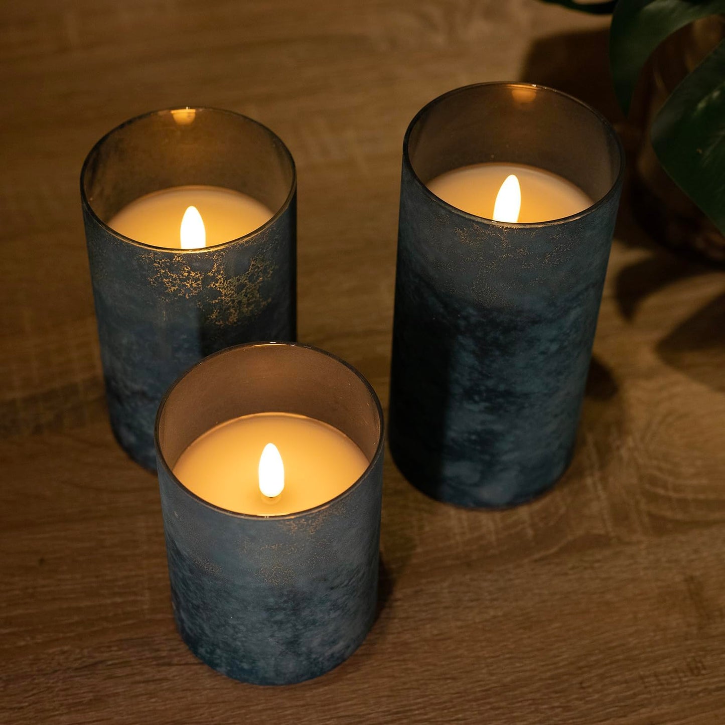 Blue Flameless Candles Set of 3, Sandblasted Glass LED Pillar Candles with Remote, Battery Operated Flickering Candles for Coastal Home Decor, Party Bathroom Holiday Birthday Wedding Decoration