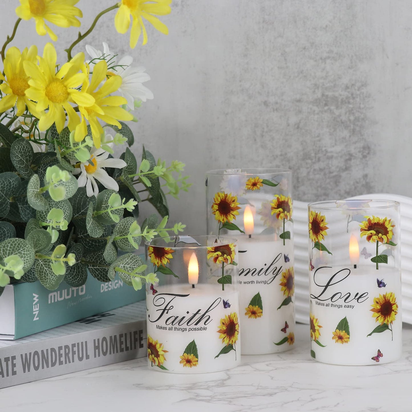 DRomance Sunflower Glass Flameless Candles with Remote Timer Battery Operated LED Pillar Candles Real Wax 3D Wick Flickering Warm Light Wedding Dinner Holiday Spring Candle 3 x 4,5,6 Inches