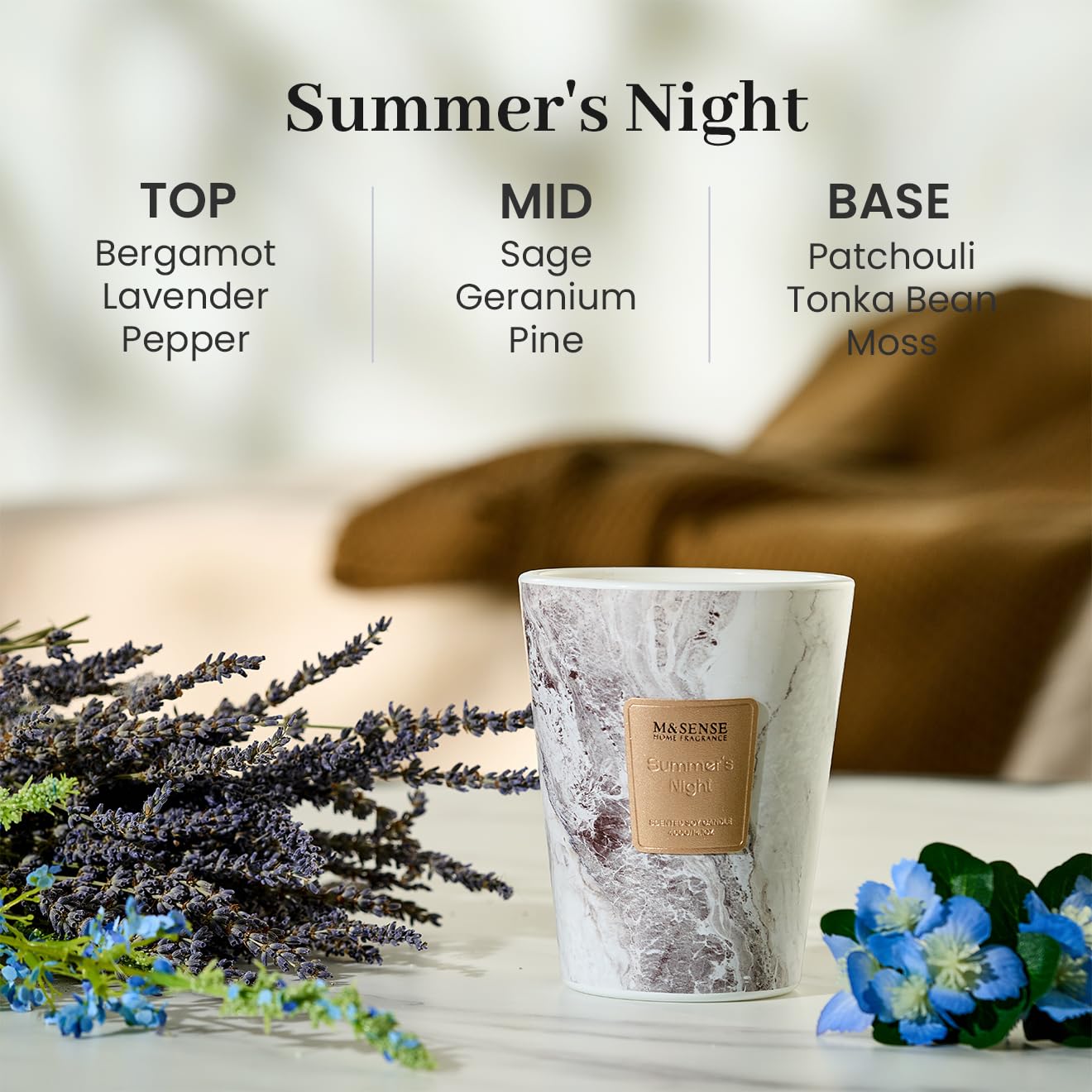 M&SENSE Summer Night Scented Soy Candle, 3 Wick Highly Scented 14.1 Oz 75H, Aromatherapy Christmas Gift for Women and Men