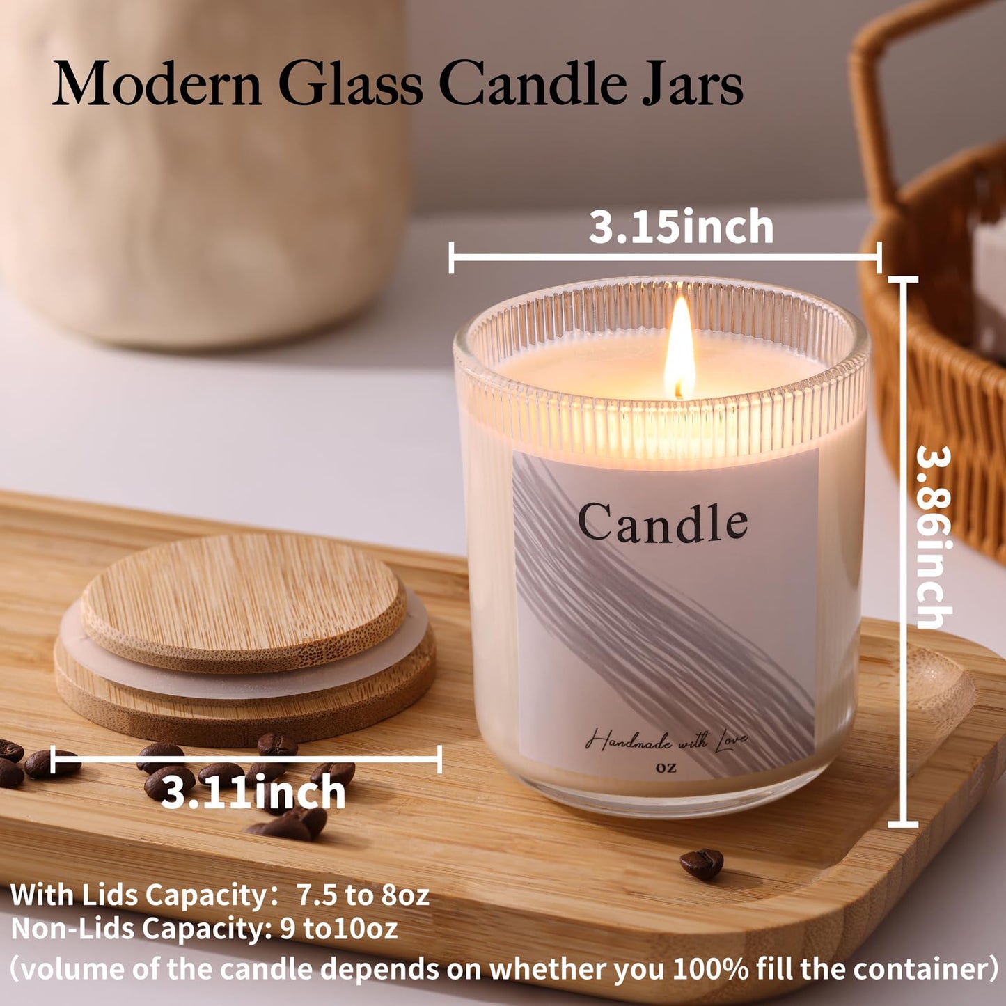 LAMORGIFT 10 oz Glass Candle Jars, 9 Pack Candles Jars for Making Candles, Inner Ribbed Candle Containers Vessels Bulk with Labels for Home Decor/Holiday Gift Crafting- Clear