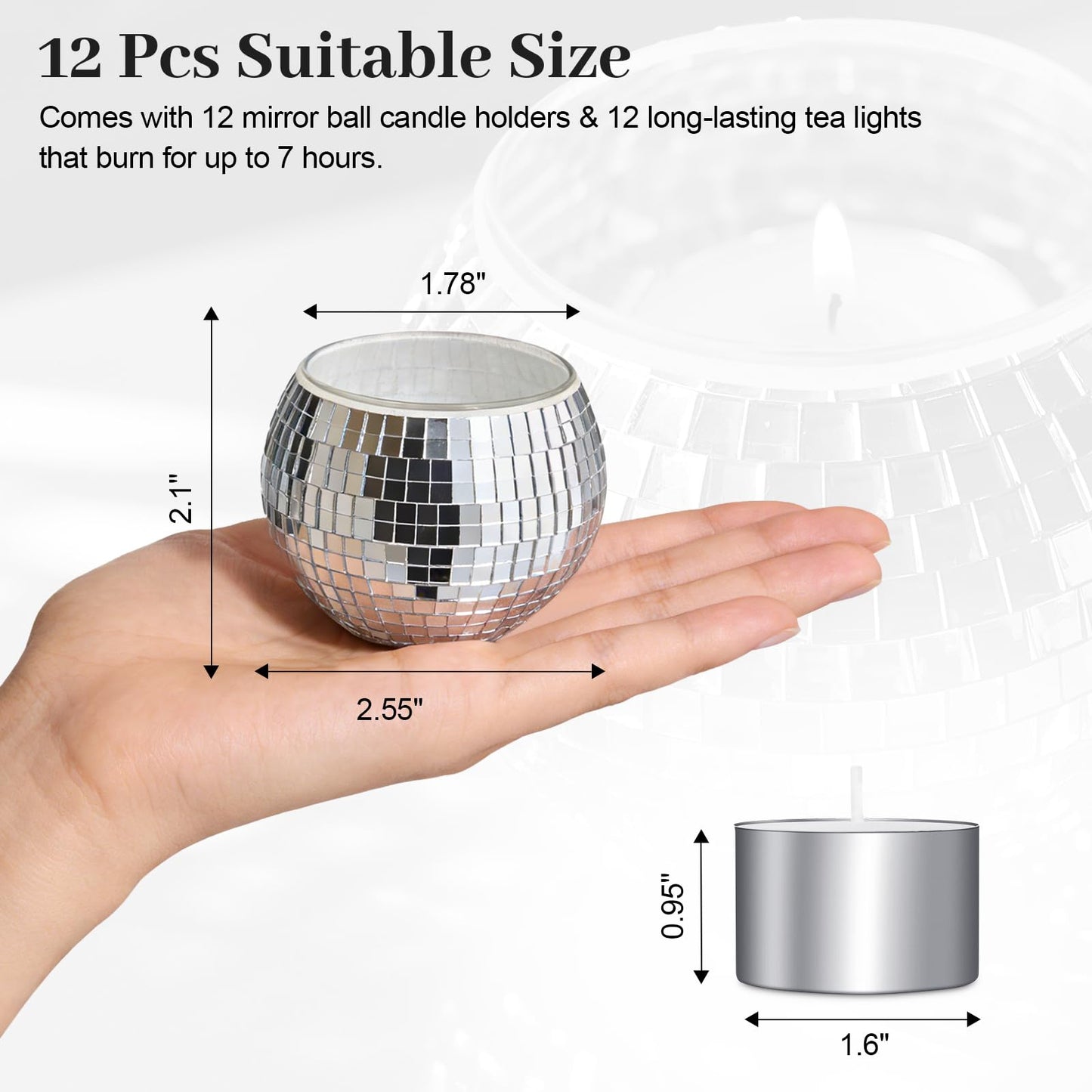 Luditek Disco Ball Candle Holders, 12 Pcs Mirror Silver Decor for Christmas Birthday Wedding NYE Party Decorations, Glass Votive with Tealights for Home Table Centerpiece, Gifts for Women
