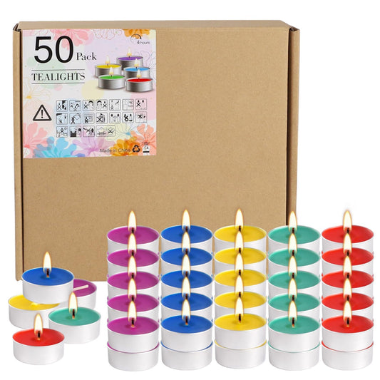 50 Pack Unscented Assorted Colors Tealights Candle - 4+Hour Clean-Burning Votive Smokeless Tea Lights for Home Decor, Rituals, Shabbat & Anniversaries & Relaxation.