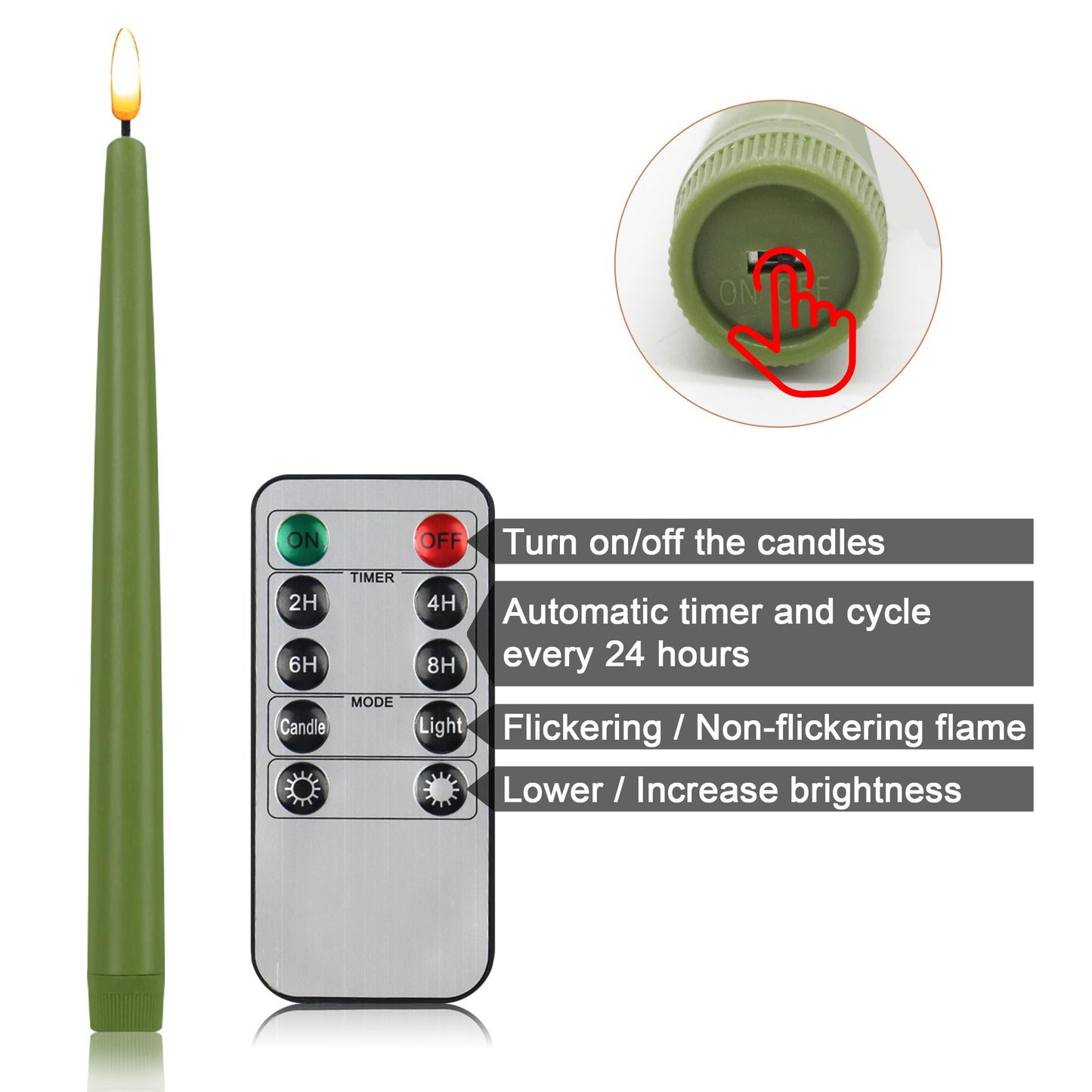 CVHOMEDECO. Flameless Taper Candles with 10-Key Remote, Battery Operated Led Flickering 3D Wick Window Candles Real Wax Finished Home Christmas Party Decor 0.78 x 11 Inch, Pack of 3, Sage Green