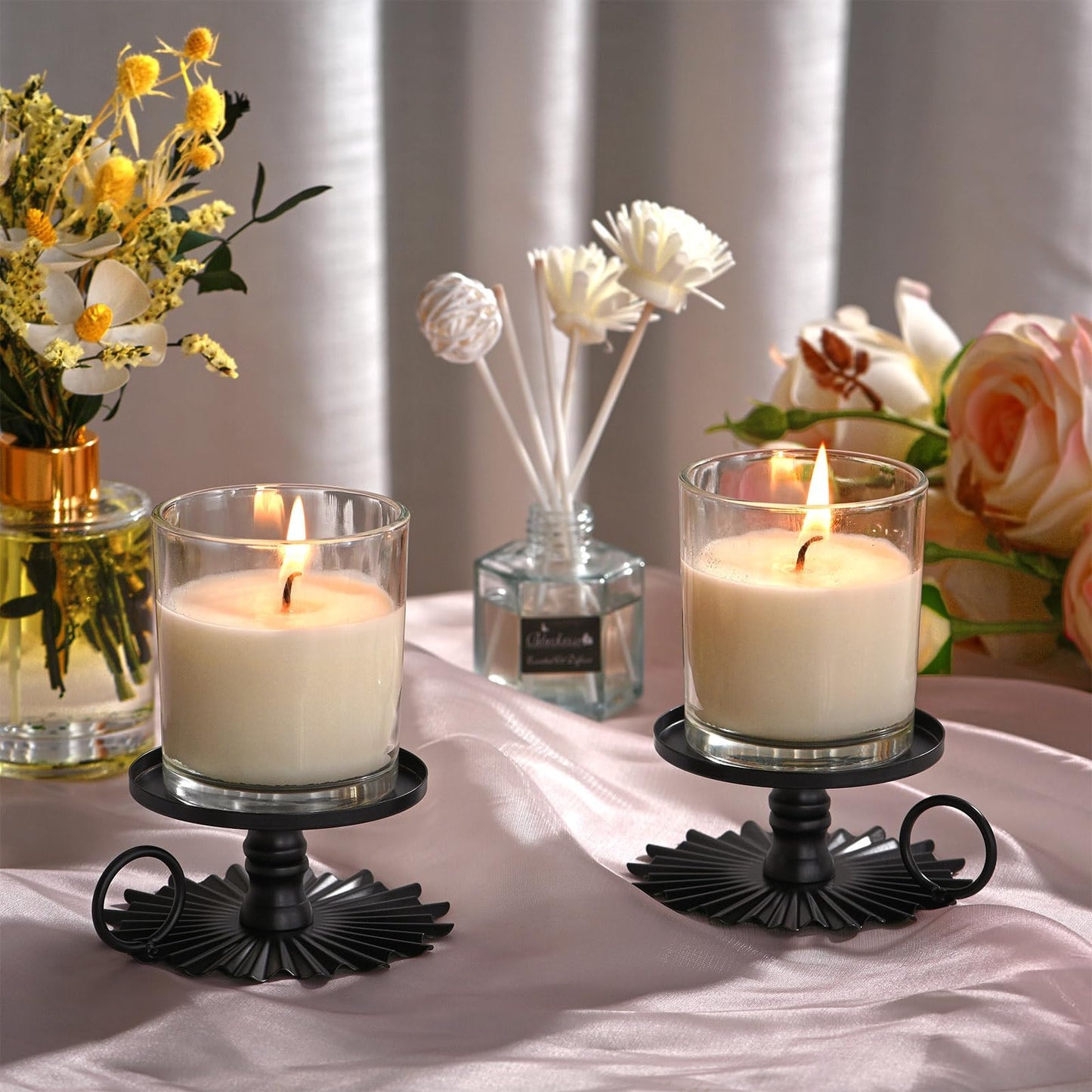 CoColemon Black Iron Pillar Candle Holders Set of 2, Pedestal Candles, 3.15 inches Pillar Candle Holder Plate (Black)