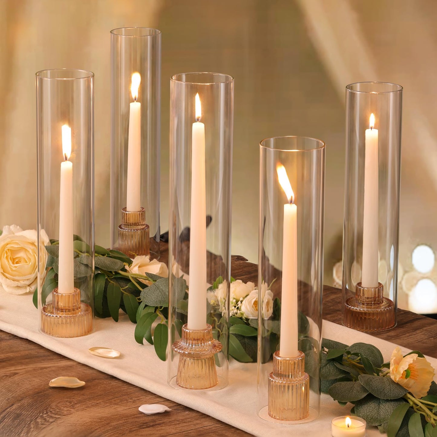 NITIME 9 Set Hurricane Glass Candle Holders for Table Centerpieces, Gold Candlestick Holders with Windproof Cylinder Covers(11.8"/12.6"/13.8" H), Taper Candle Holders for Wedding, Party and Home Decor