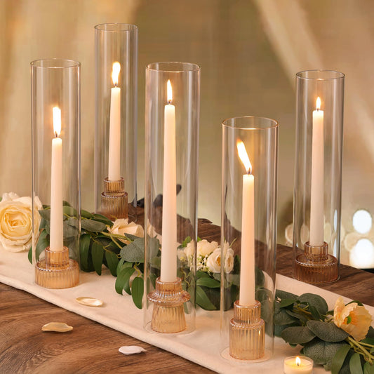 NITIME 9 Set Hurricane Glass Candle Holders for Table Centerpieces, Gold Candlestick Holders with Windproof Cylinder Covers(11.8"/12.6"/13.8" H), Taper Candle Holders for Wedding, Party and Home Decor