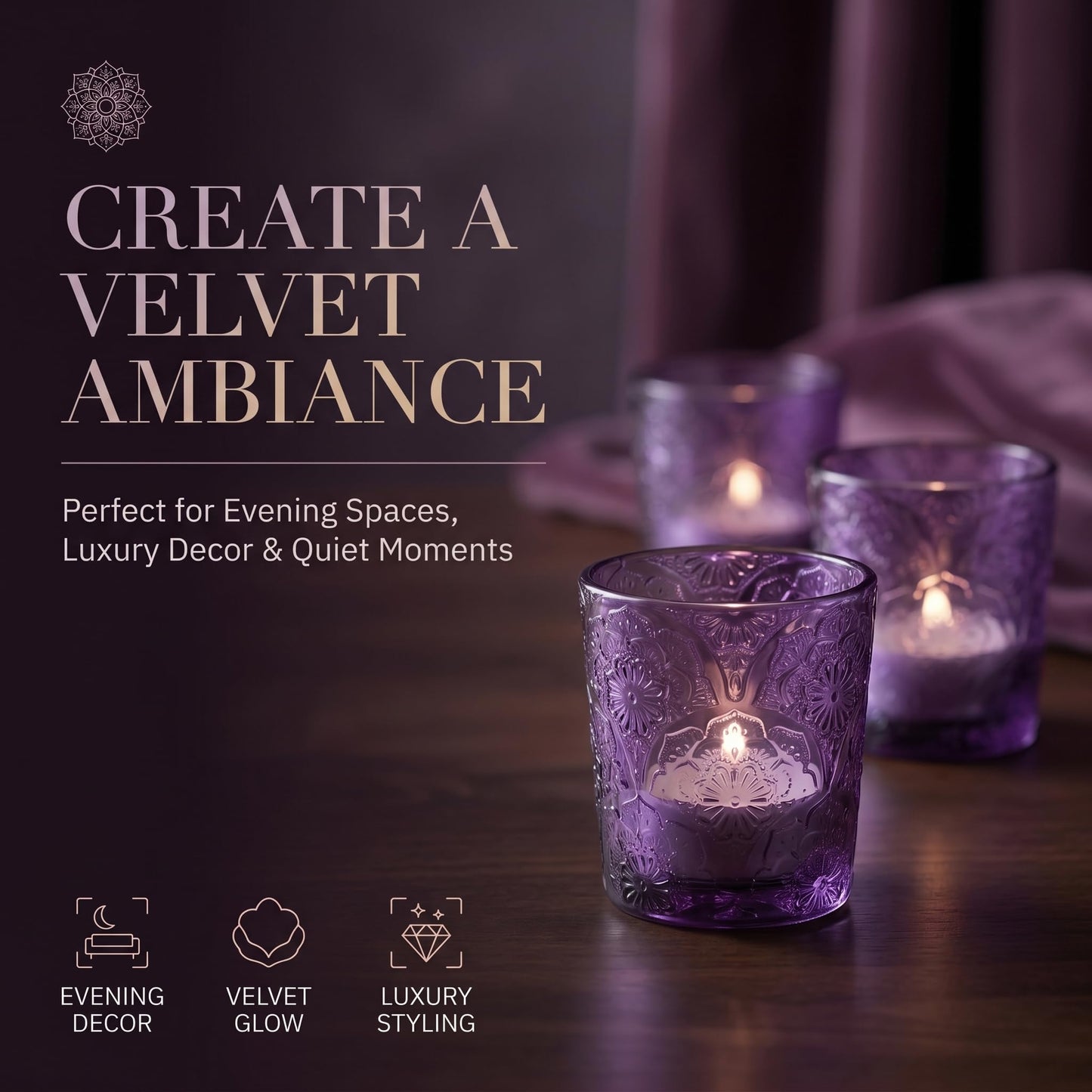 12 Pack Mandala Embossed Glass Candle Holders – Votive Tealight Holders with Patent Design, Decorative Embossed Glass Cups for Wedding Centerpieces, Parties, and Home Décor (Amethyst Bloom)