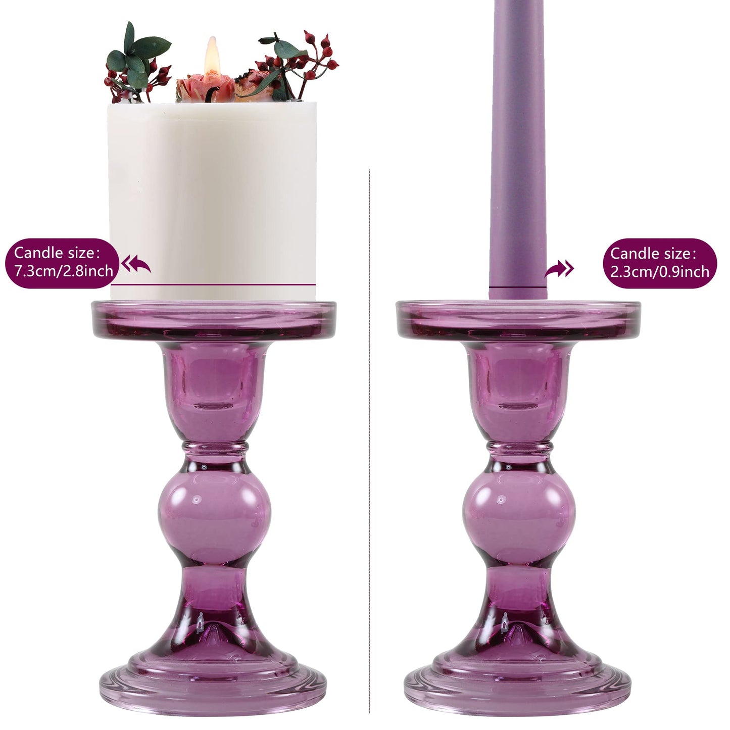 GMWD 3 Pcs Glass Candle Holder Set Clear, Purple Candlesticks Holders Pillar Taper Candles Tealight Stand for Wedding Centerpieces Home Decorations Dining Table