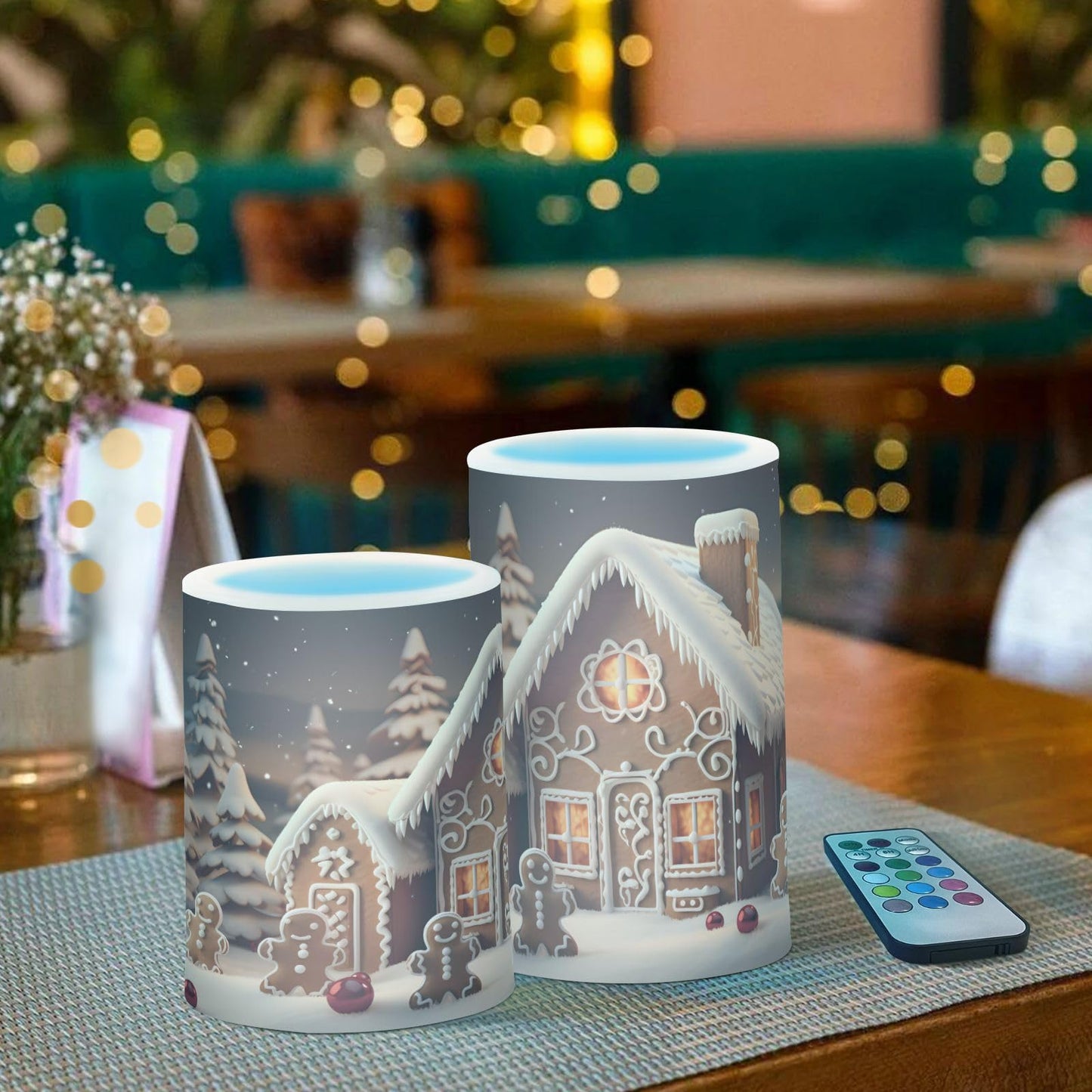 ALAZA Christmas Gingerbread House Flickering Flameless Candles Battery Operated with Remote Timer,Tea Light Candles LED Pillar Votive Candles Set of 2 for Outdoor Indoor Decorations