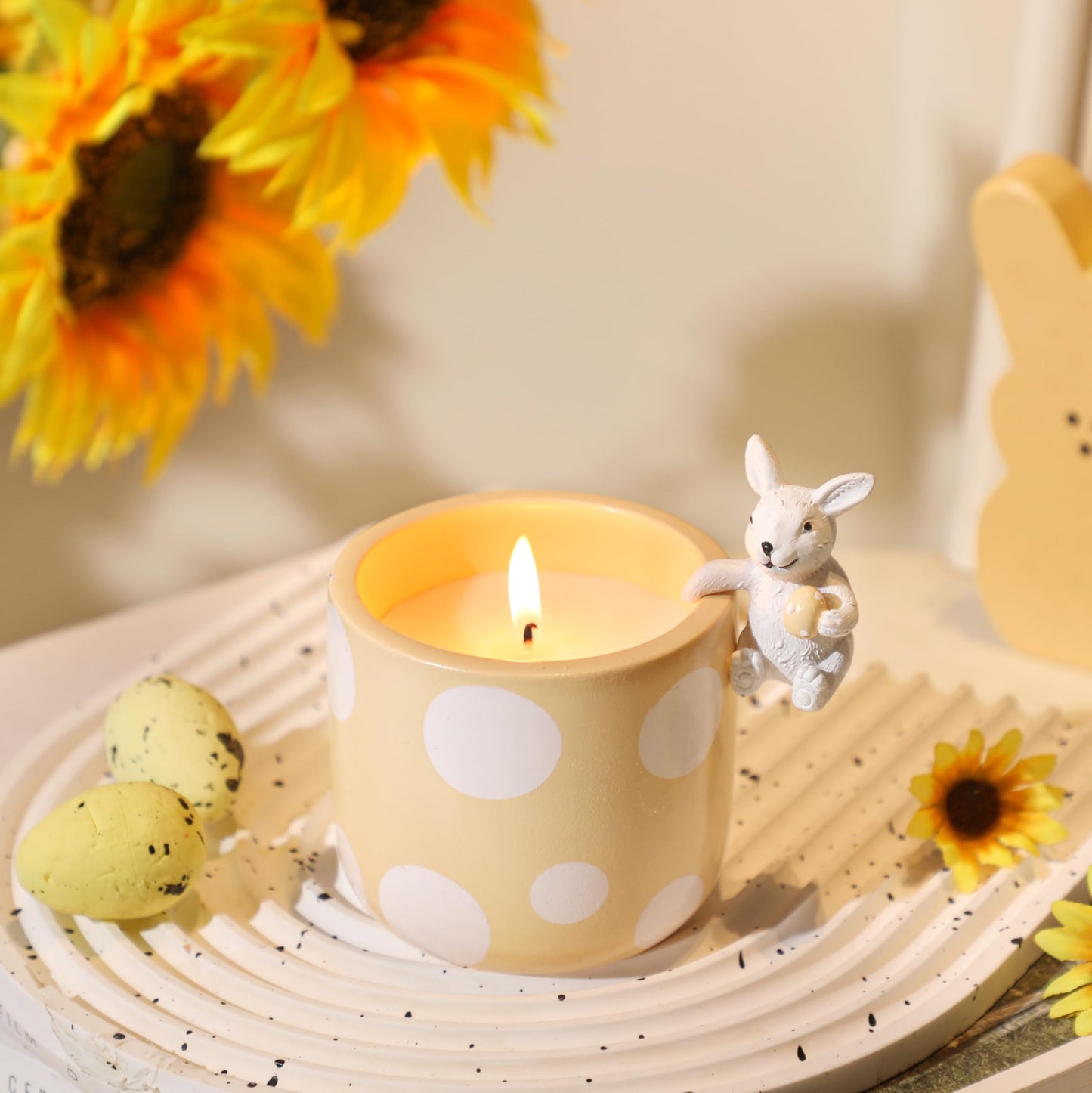 Easter Candles Gifts - Sunflower Scented Candle, Polka Dot Candle with Cute Bunny, Easter Decor Gifts for Kids Teens Adults Women