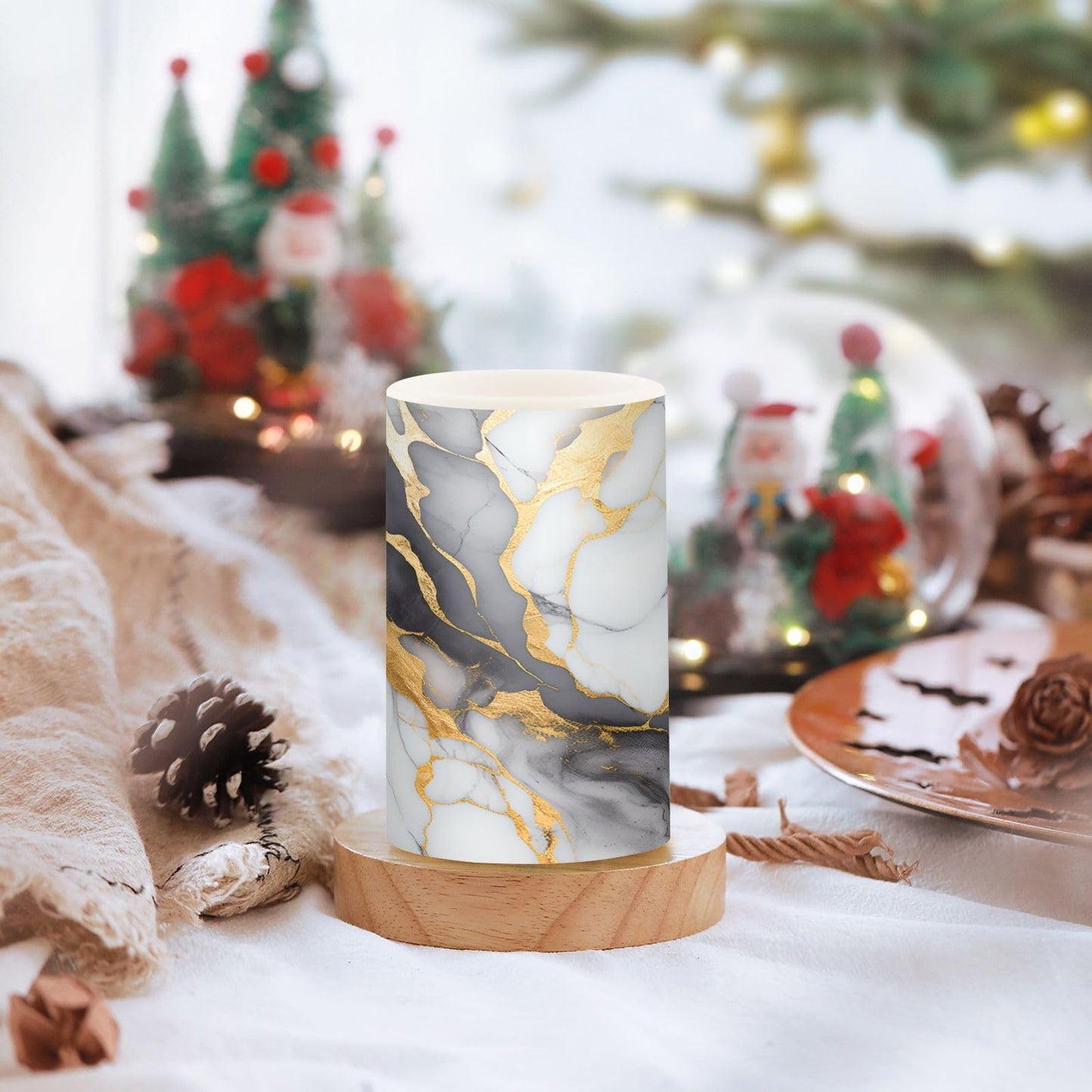 ALAZA White Grey Gold Marble Textures Flameless Candles, LED Pillar Candles with Remote Timer, Battery Operated Candles Set of 2