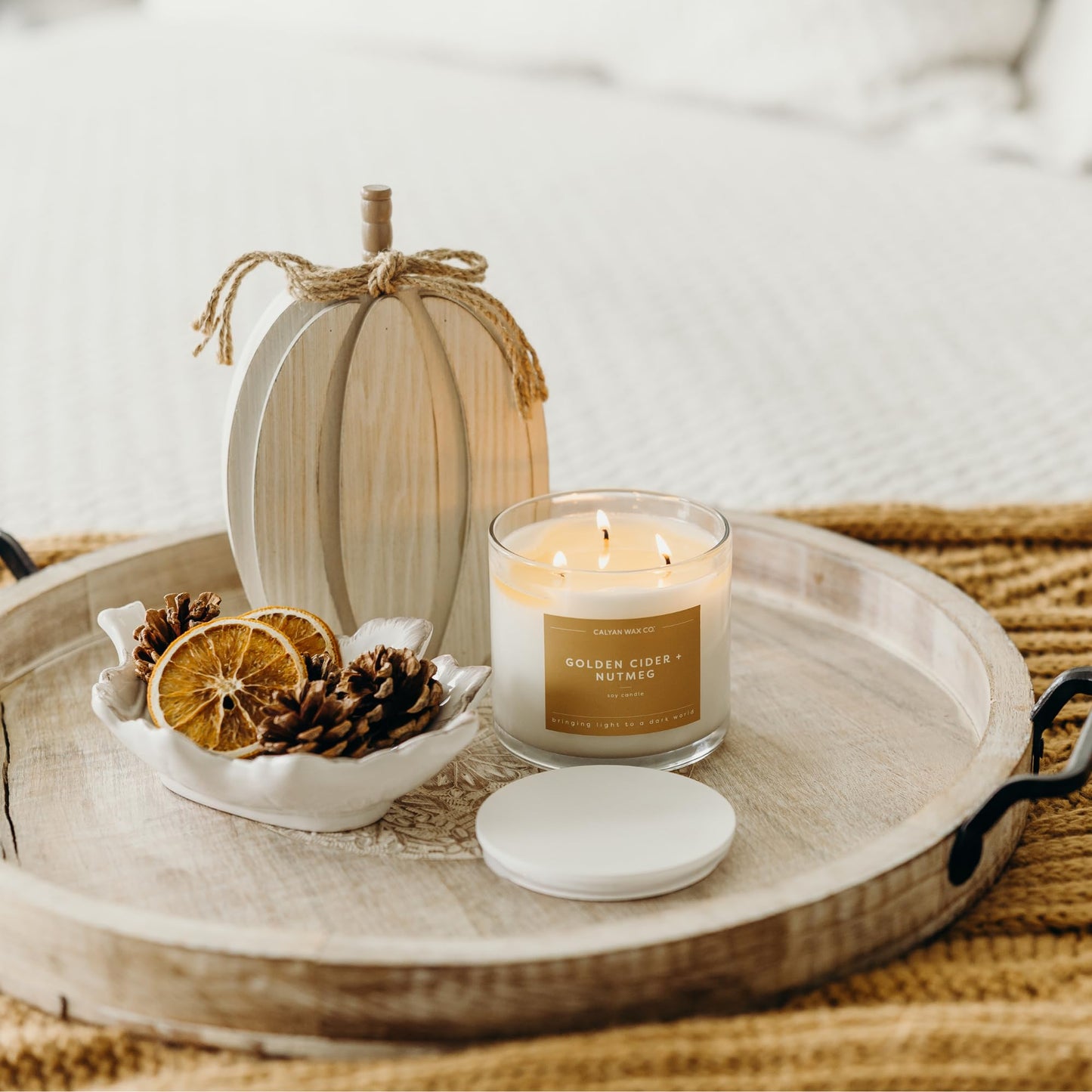 Calyan Wax Co. Golden Cider & Nutmeg 3 Wick Scented Candle - 43 Hour Burn - Luxury 3 Wick Soy Candles - Clean Soy Wax Candles - Long Lasting Large Glass Jar Candle for Home - 14.9oz