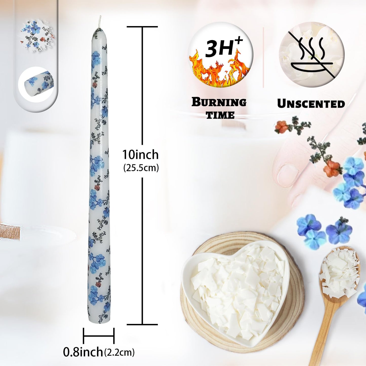 Unscented Floral Taper Candle Spiral Candlesticks - Set of 4 Handmade Blue Red Flower 10 Inch Long Candle Sticks Print Tapered Candles for Home Wedding Dinner Gifts