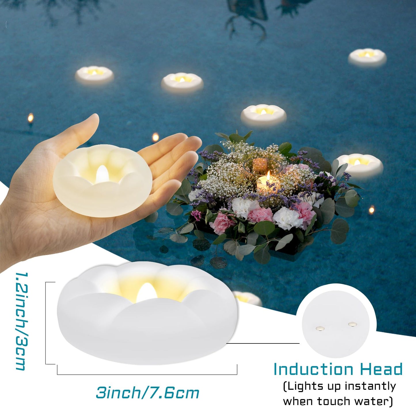 24PACK Flameless LED Floating Candles, 3'' Battery Operated Plastic Flickering Waterproof Tealights for Cylinder Vases, Centerpieces at Wedding, Party, Pool, Holiday (Warm White)