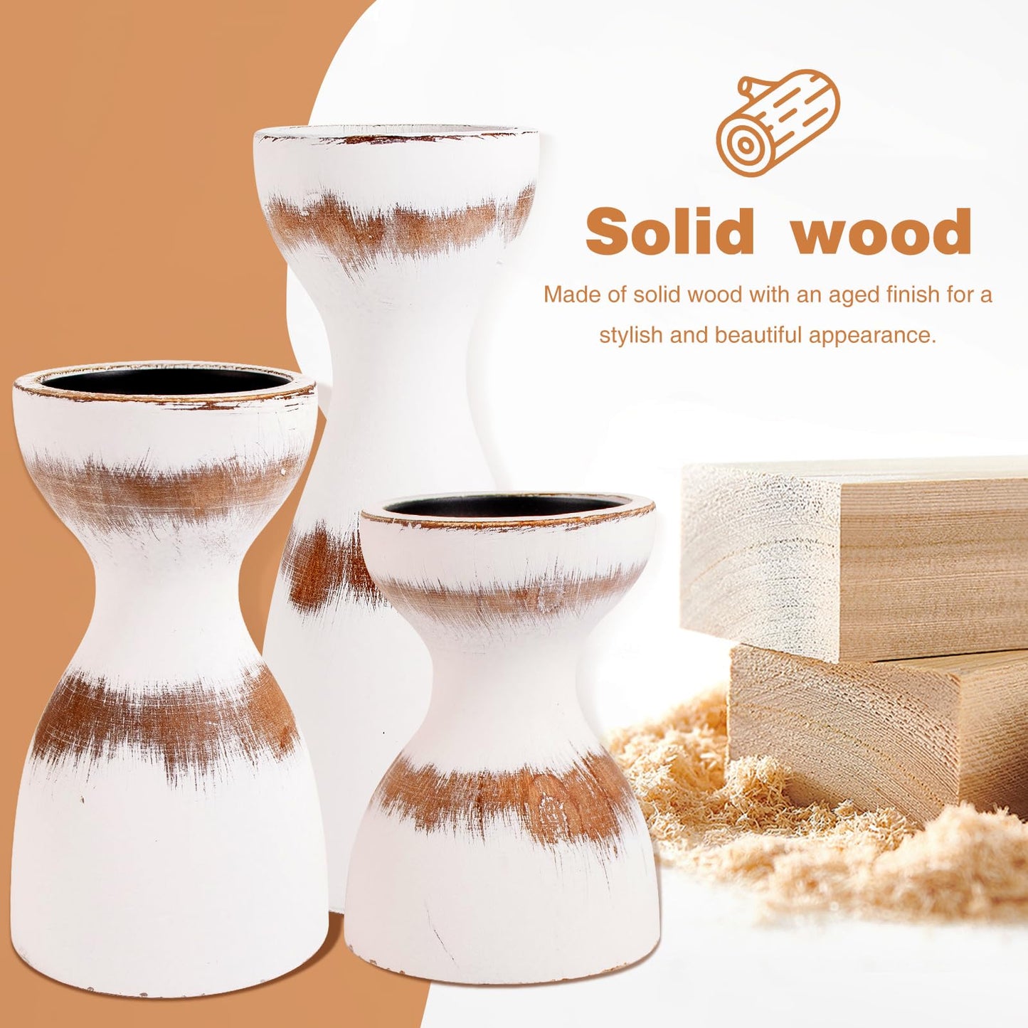 Set of 3 Farmhouse Wooden Candle Holders for Pillar Candles, White Distresse Rustic Wood Pillar Candle Stands with Hemp Rope Bow Table Centerpiece Decor for Fireplace, Living, and Dining Room