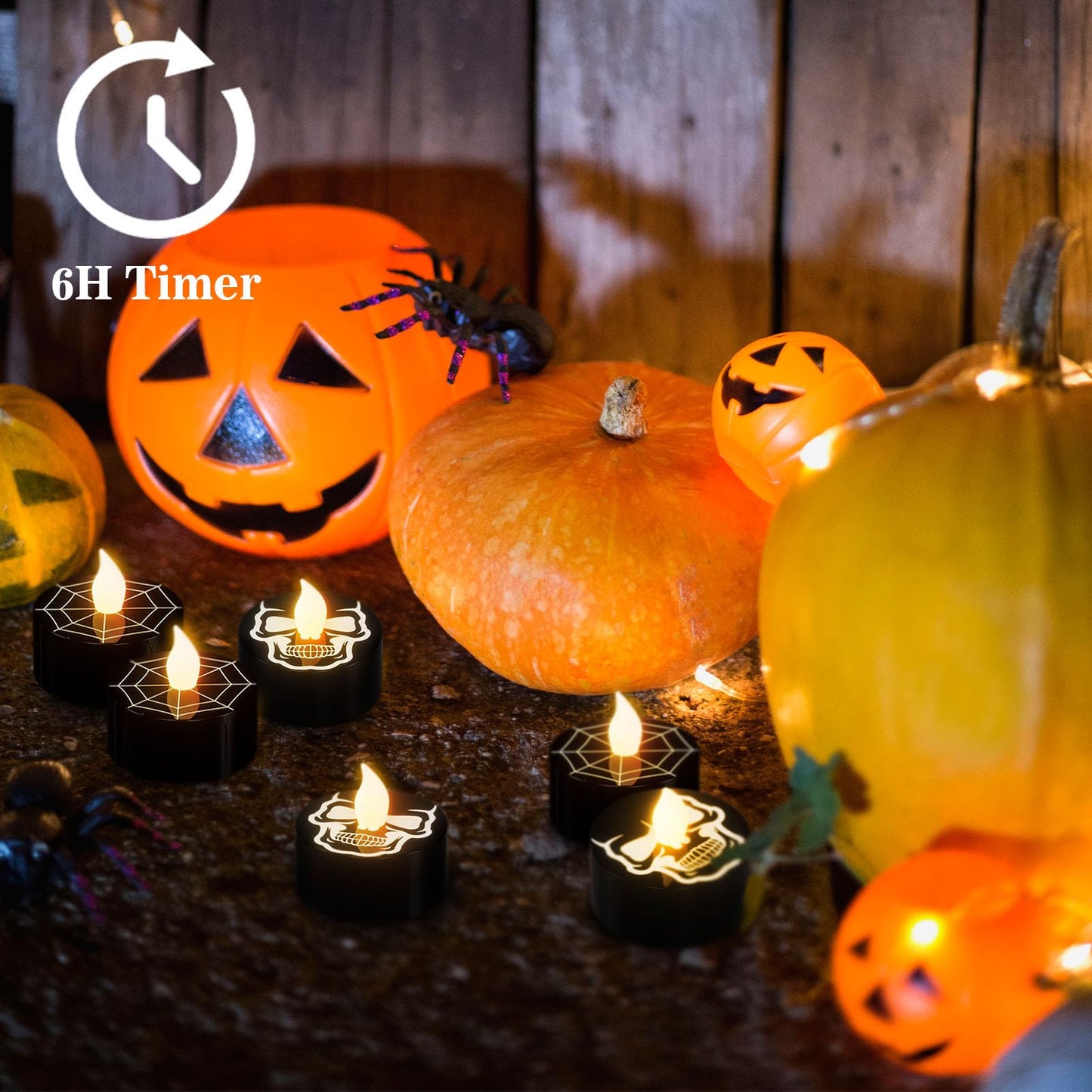 GenSwin Halloween Black Tealights Candles, Battery Operated Tea Lights Candles with Timer, 12 Pack Flameless Candles with 3D Wick, LED Votive Candles with Skull and Spiderweb Prints for Home Decor