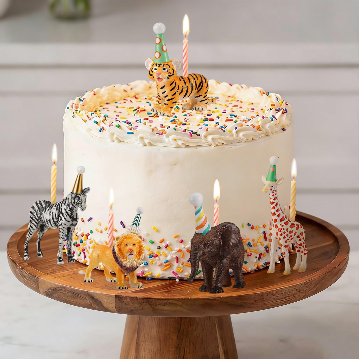 BrightRow 5 Pcs Safari Jungle Animal Cake Candle Holders Resin Animals Figures Cake Topper Birthday Party Decor Giraffe Lion Elephant Zebra Tiger Candle Stands for Wild Animals Themed Party Decor