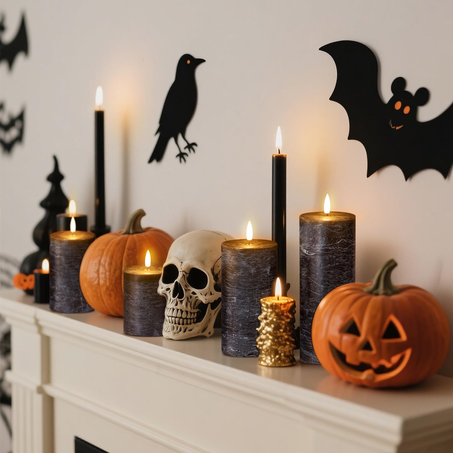 LUSHARBOR Halloween Flameless Candles, 4 Pack Battery Operated Halloween Candles with Remote, Wax LED Fake Pillar Candles Fireplace/Shelf Decor D3 H 5" 6" 7" 9" Black
