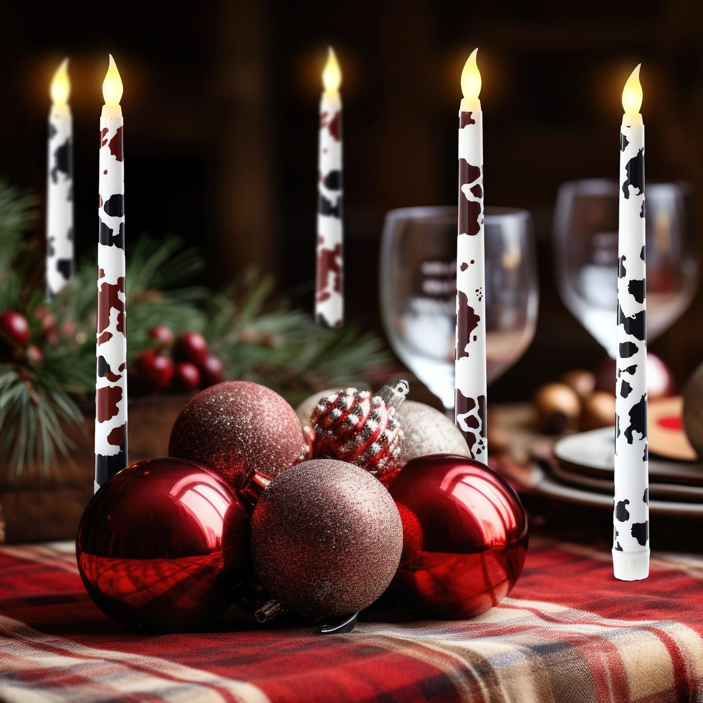 Kittmip 6 Pcs Christmas Cowhide Printed Flameless Taper Candles 11 Inch Battery Operated LED Western Country Rustic Candles Farmhouse Table Centerpiece for Xmas Holiday Party Decor Gifts