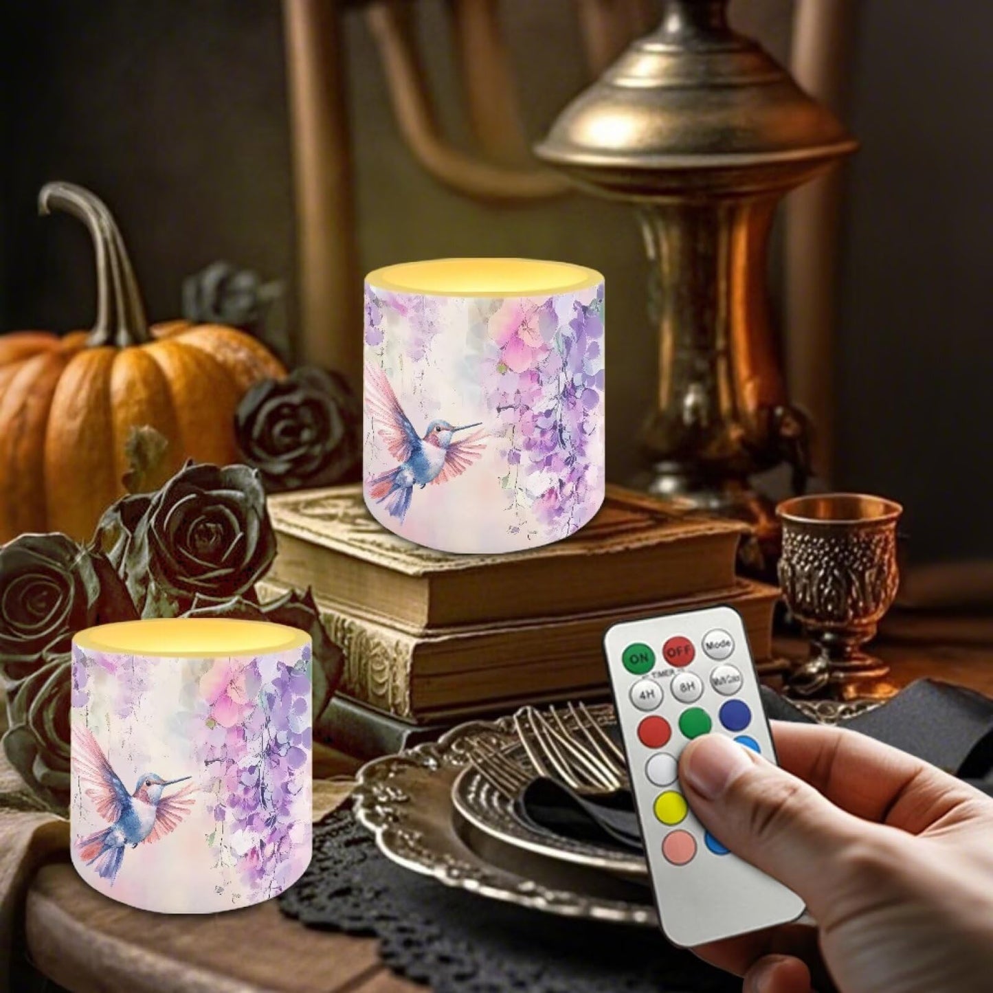Merkmak Battery Operated Flameless Candles with Remote and Timer Flameless LED Pillar Candles Floral Hummingbird Tealights for Banquet, Home Decorations