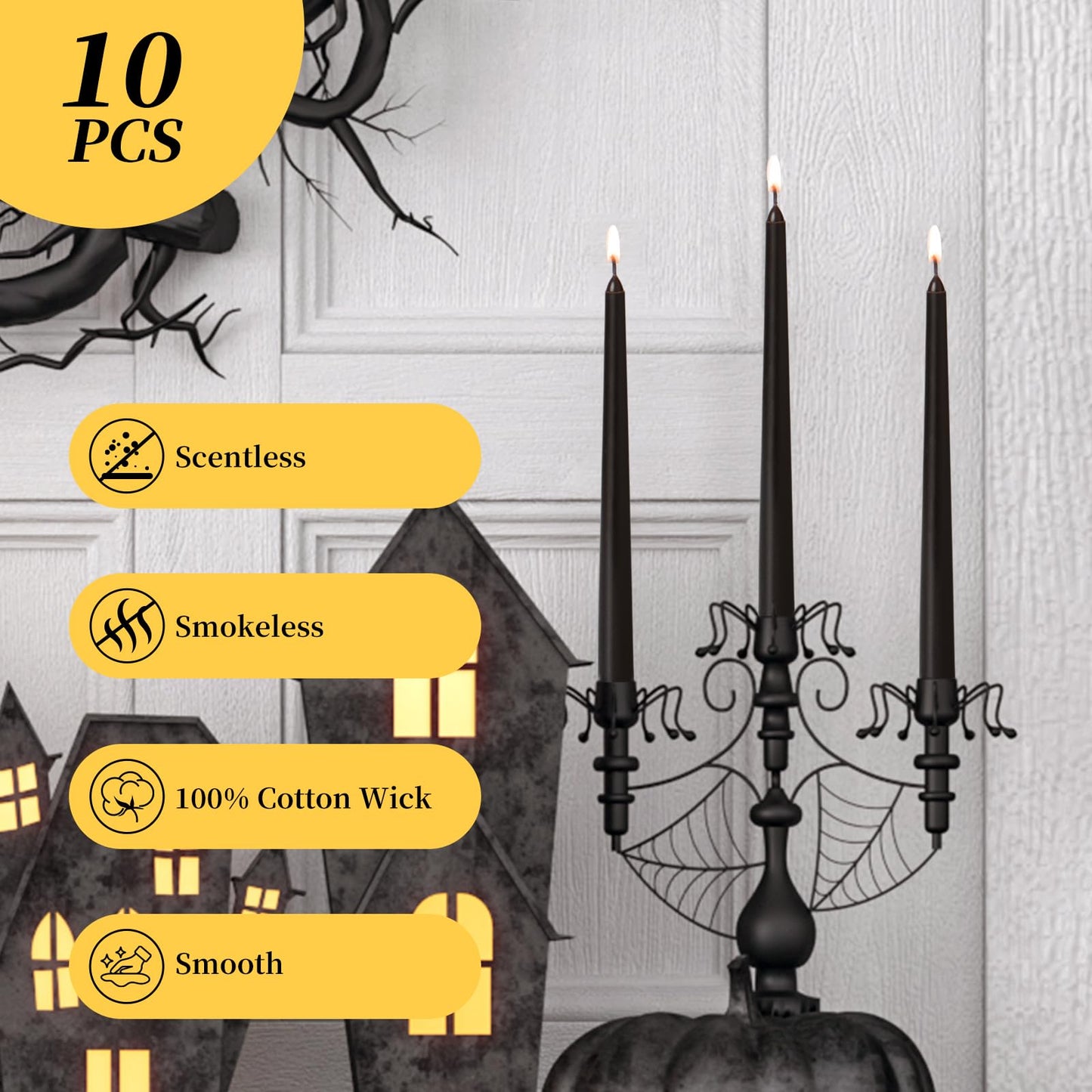 KONNI 0.87×10 Inch Black Taper Candles, Unscented and Smokeless Tall Candlesticks, 10 Pack Halloween Taper Candles with Cotton Wicks, Long Burning, Ideal for Weddings, Dinner Parties, and Home Décor