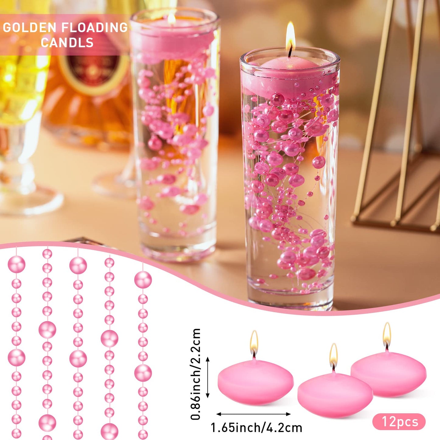 Nuanchu 12 Pieces 1. 65 Inch Floating Candles for Wedding Centerpiece, Small Unscented Floating Round Tealights Metallic Smooth Wax Disc Candles for Graduation Dinner Home Decor(Pink)