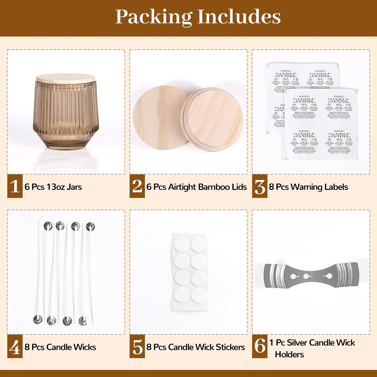 Simeitol 13 OZ Candle Making Kit - 6 Pack Amber Ribbed Glass Jars With Bamboo Lids and Wick Kit for Containers