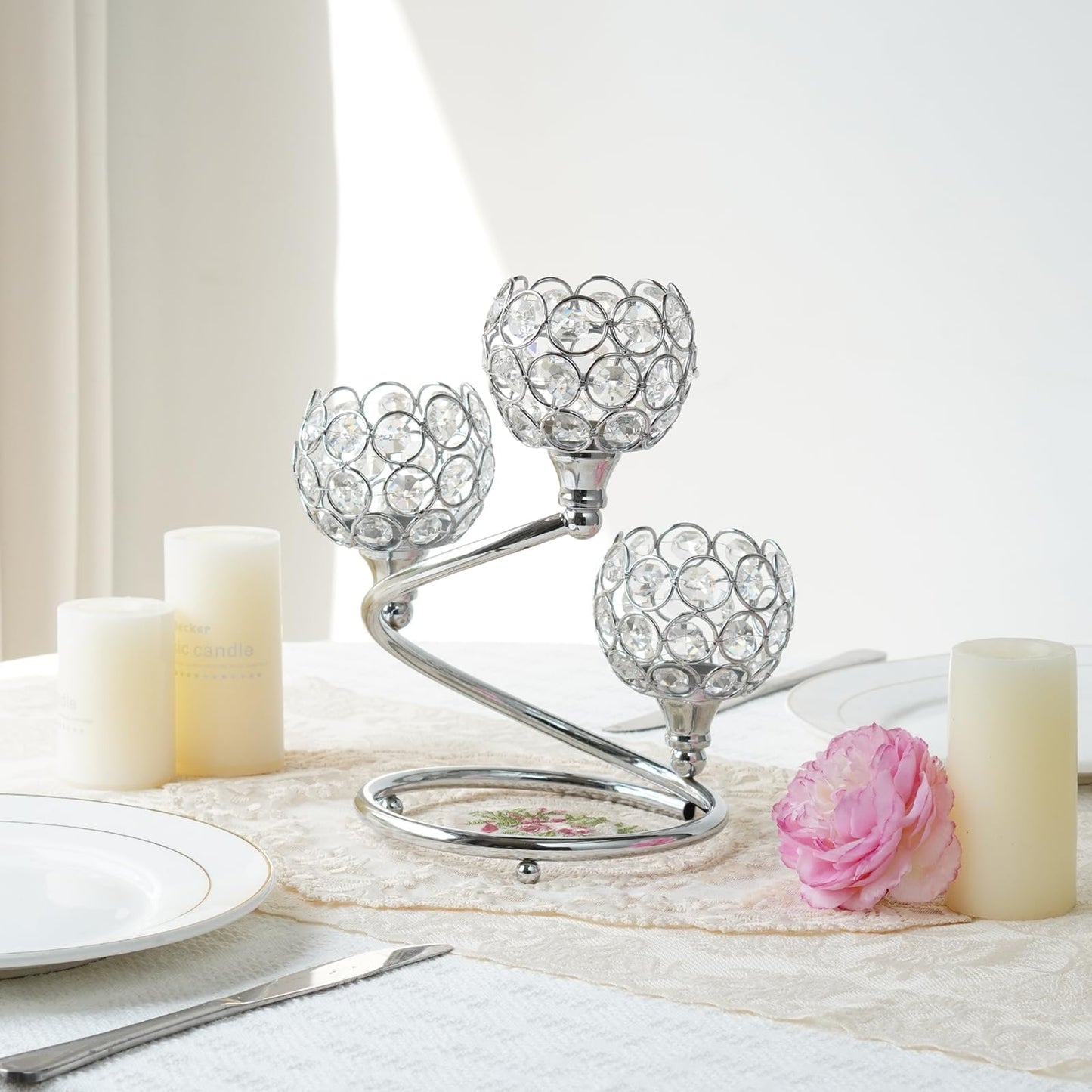 KEHAIL Metal Crystal Candle Holder Set of 2 - Elegant 3-Arm Metal Tea Light Centerpiece with Shining Crystal Bowl, Wedding Anniversary Table Decor for Dining, Party (Silver, 2 Pcs 3 Arm)