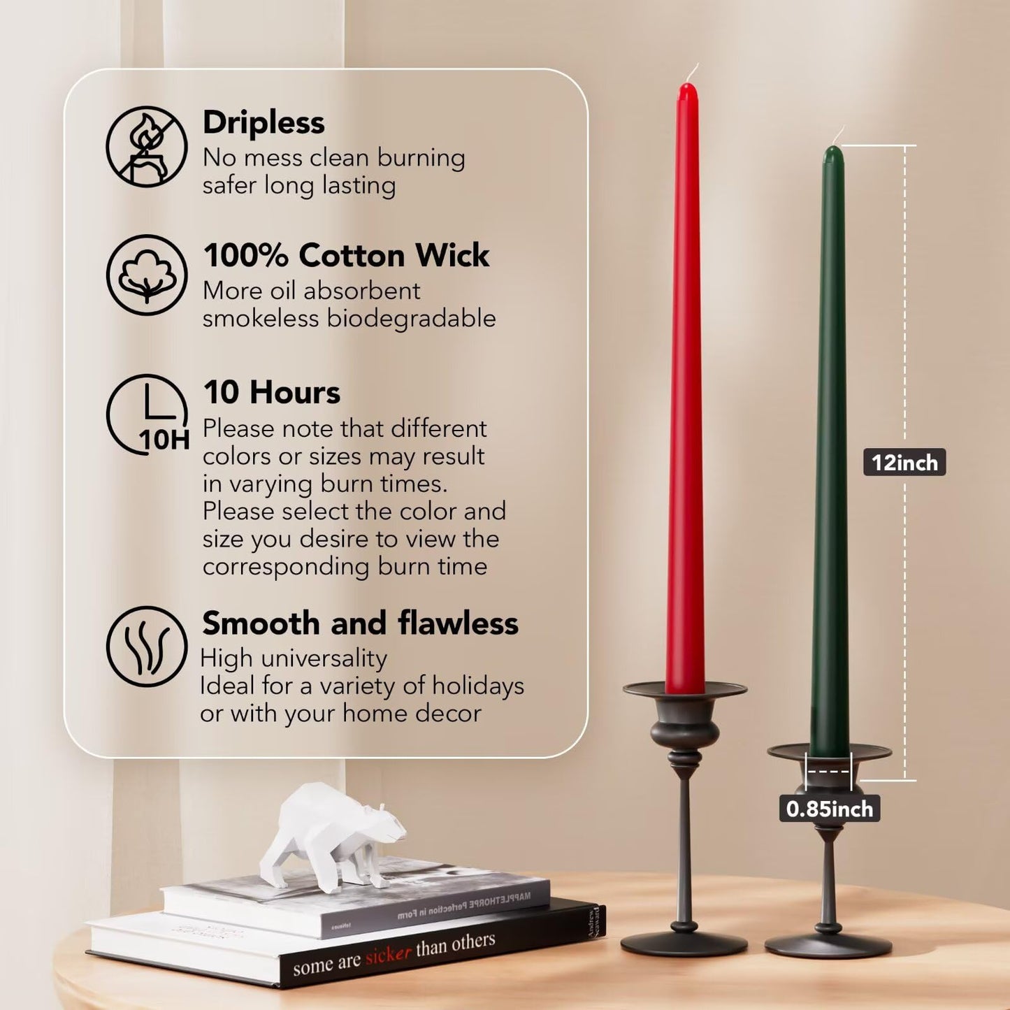 Pickood 12-Inch Tall Dripless Taper Candles Set of 4 - Red and Green Tapered Candles, Perfect for Christmas - Smokeless, Unscented, Long Burning - Hand Poured, Colored Tall Candlesticks - Christmas