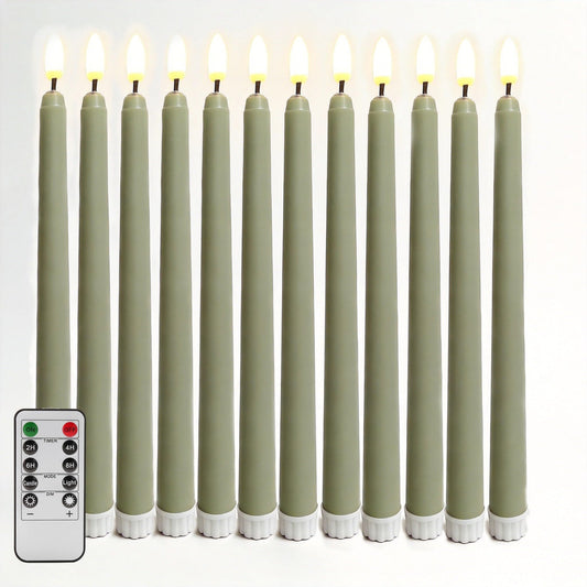 Ni-JASW Sage Green Flameless Taper Candles with Remote, Realistic Flickering Battery LED Candlesticks Home Decor Set of 12