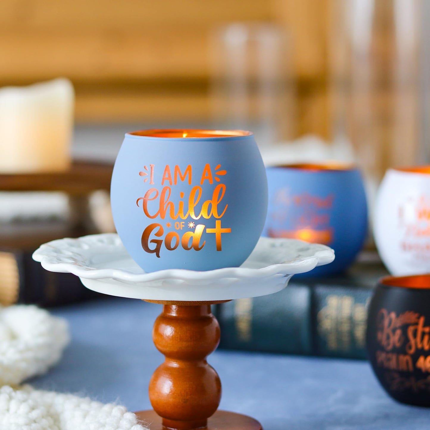 Christian Gifts for Men, Glass Candle Holders Set, Blue Tealight Votive Holders with Bible Verses, Religious Birthday Gifts for Dad, Brother, Son, Him, Coworker, Unique Spiritual Gifts for Men