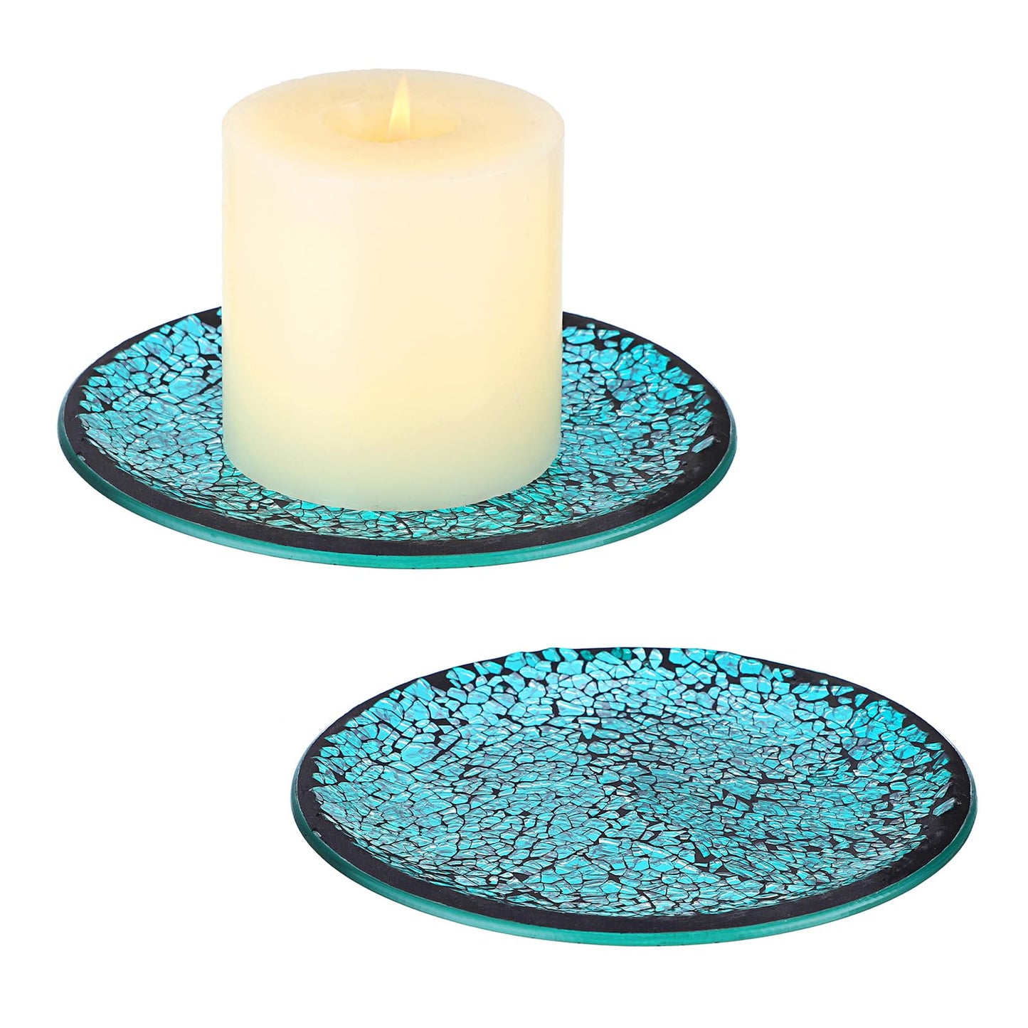 OwnMy 2PCS Mosaic Glass Candle Plates and Trays 6 Inch Pillar Candle Holders Plates, Glass Mosaic Candle Coasters Decorative Pillar Candle Stands Candle Bases for Wedding Table Centerpiececs, Blue