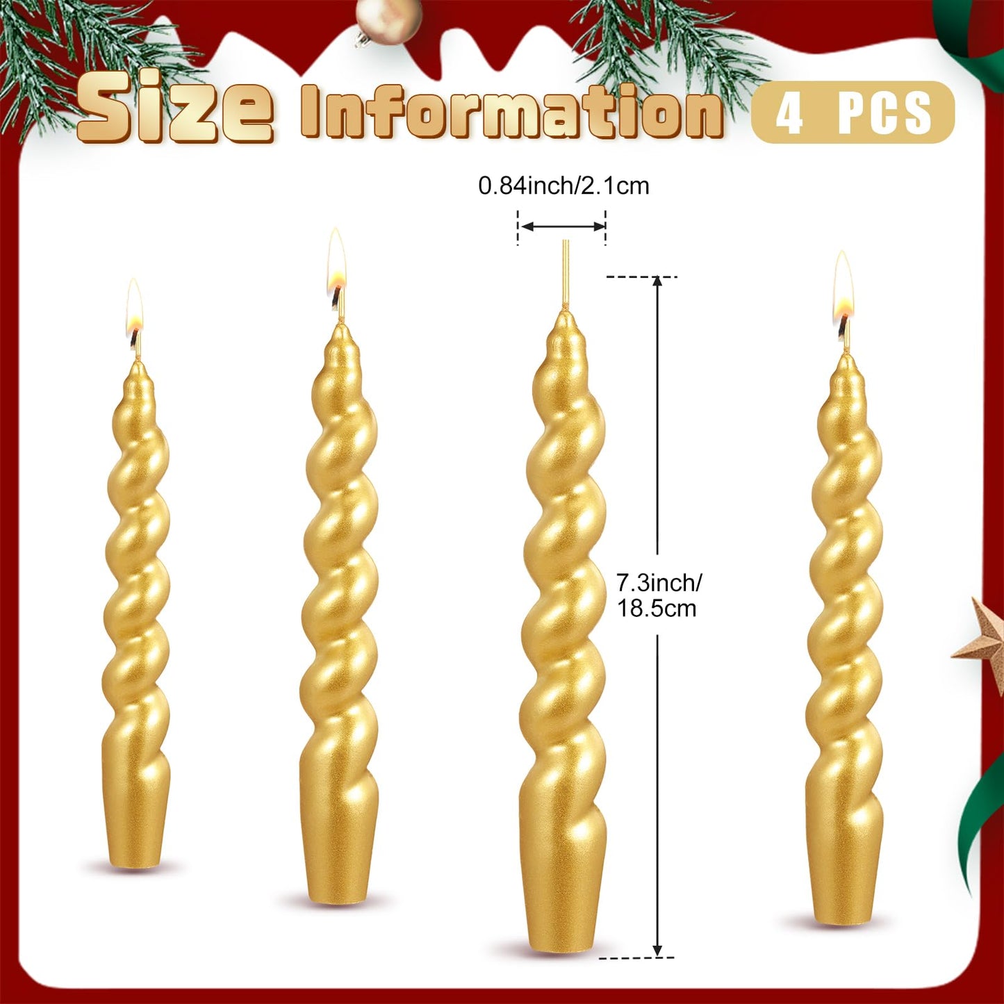 Zhengmy 4 Pcs Gold Spiral Taper Candle 7 Inch Twisted Long Wax Dinner Candlestick for Fall Halloween Christmas Holiday Valentines Wedding Birthday Baby Shower Table Decor(Solid)