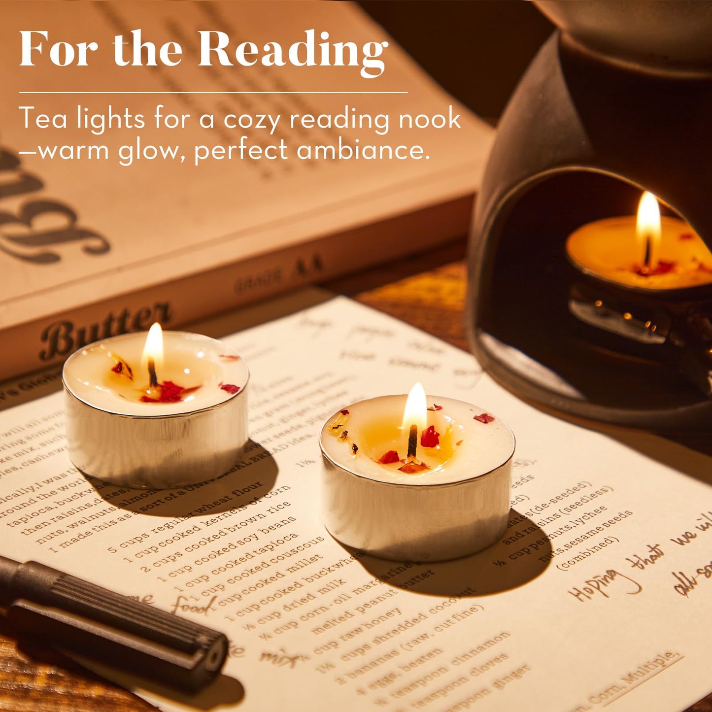 16 Pack Rose Tealight Candles with Real Dried Petals, Natural Soy Wax, 6-Hour Burn Time for Home, Wedding or Bath Decor