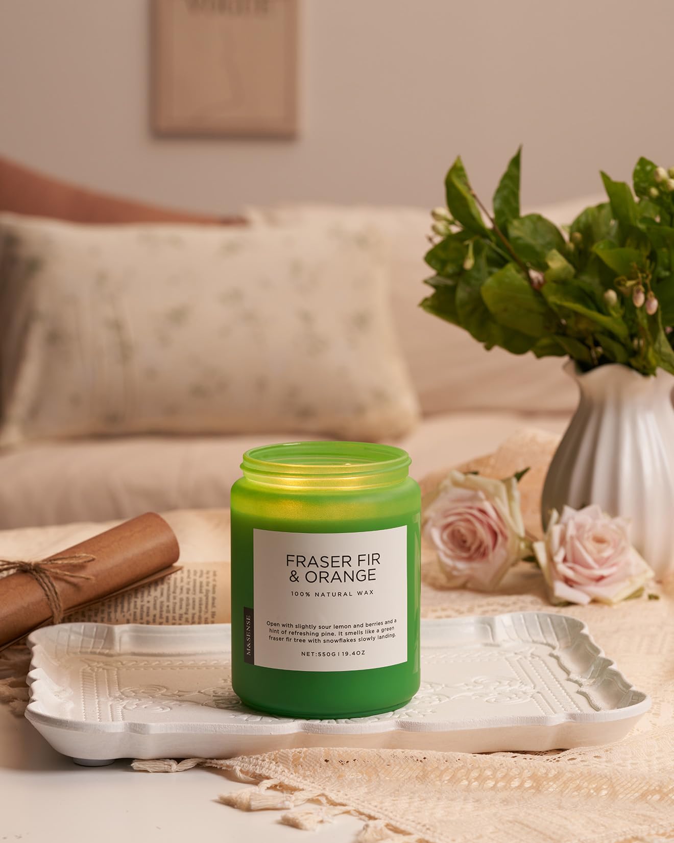 M&SENSE Fraser Fir Pine Scented Candles Large Green Candle for Home 19.4oz 110 Hour Clean Non Toxic Long Lasting Organic Natural Soy Wax Highly Scented Holiday Candle Gifts for Home Decor